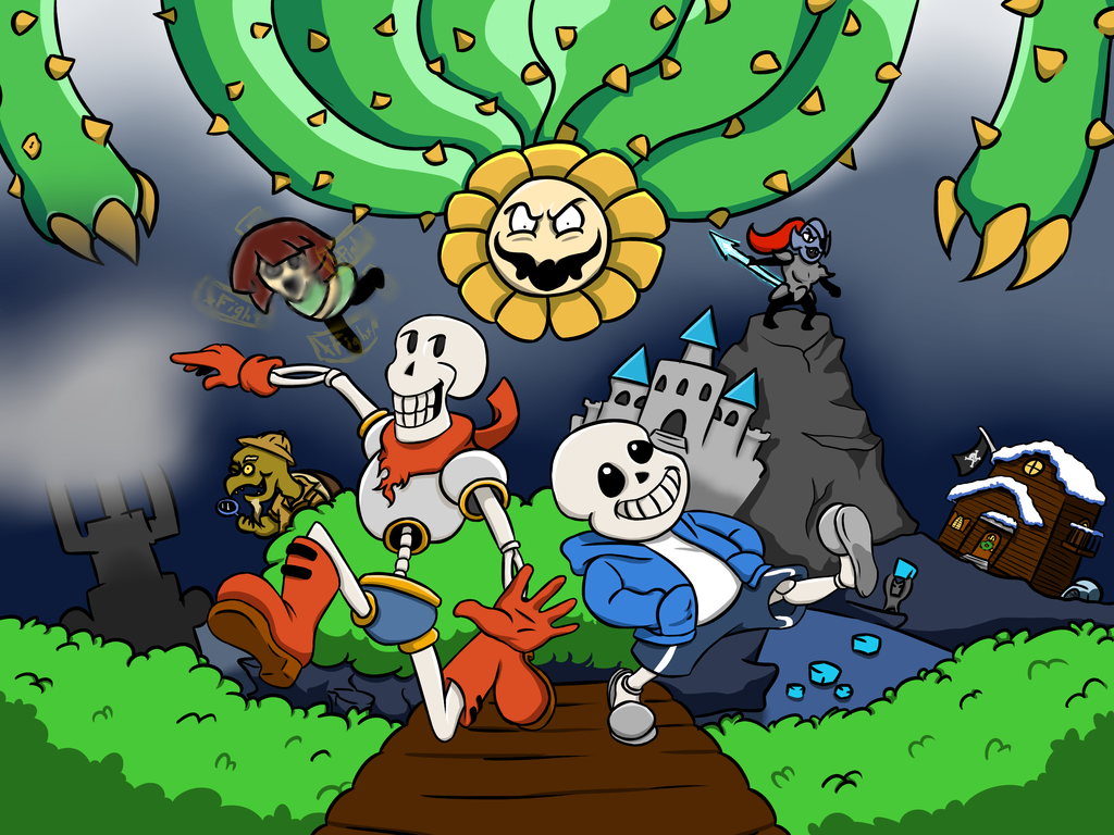 (undertale) animated_skeleton bone boss_monster chara_(undertale) clothing flowey_the_flower human mammal not_furry open_mouth papyrus_(undertale) protagonist_(undertale) sans_(undertale) skeleton undead undertale video_games