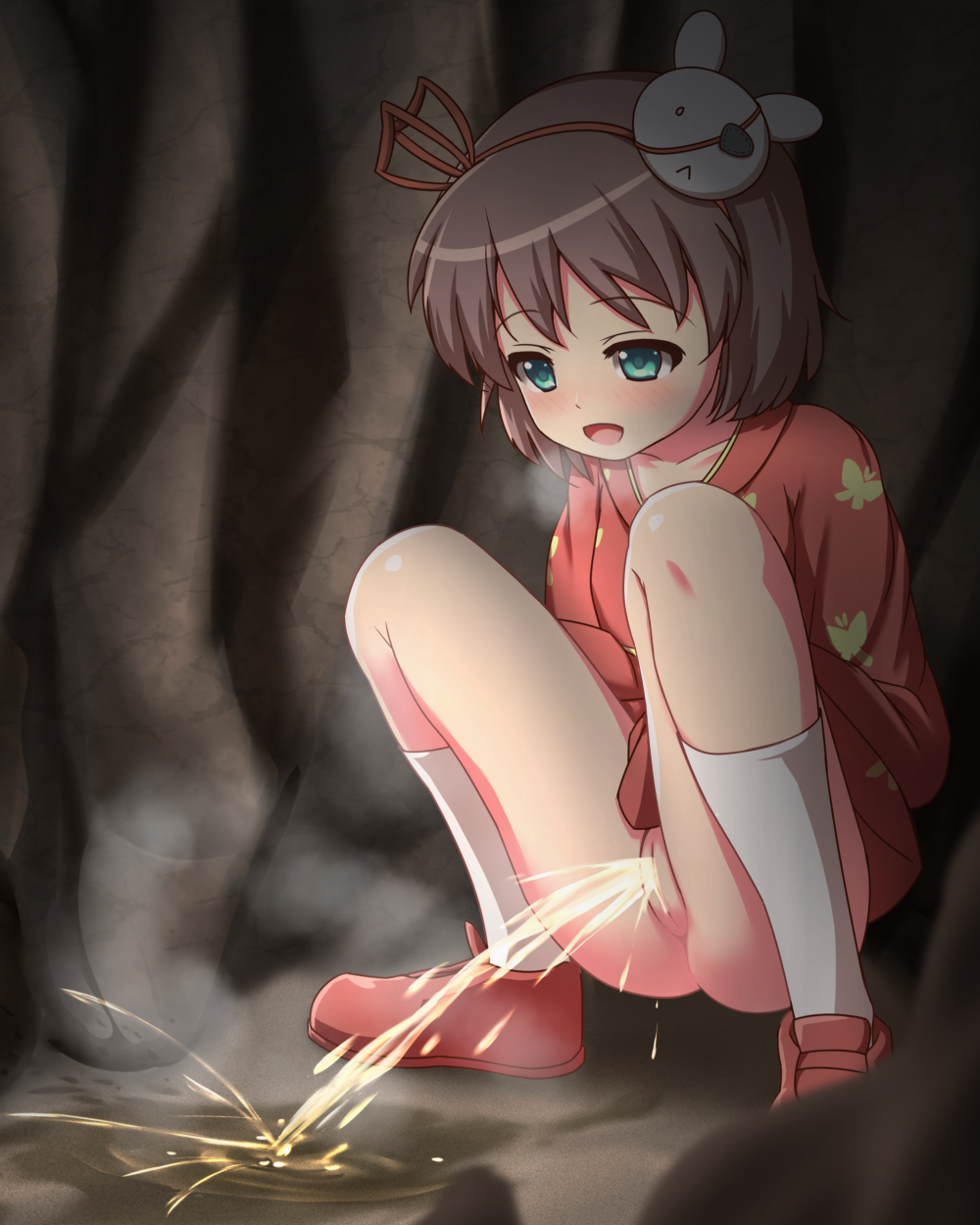 arisu_kazumi blush breath brown_hair green_eyes hair_ornament highres japanese_clothes no_panties open_mouth pee peeing pussy shirt_lift short_hair smile solo spread_legs squatting uncensored