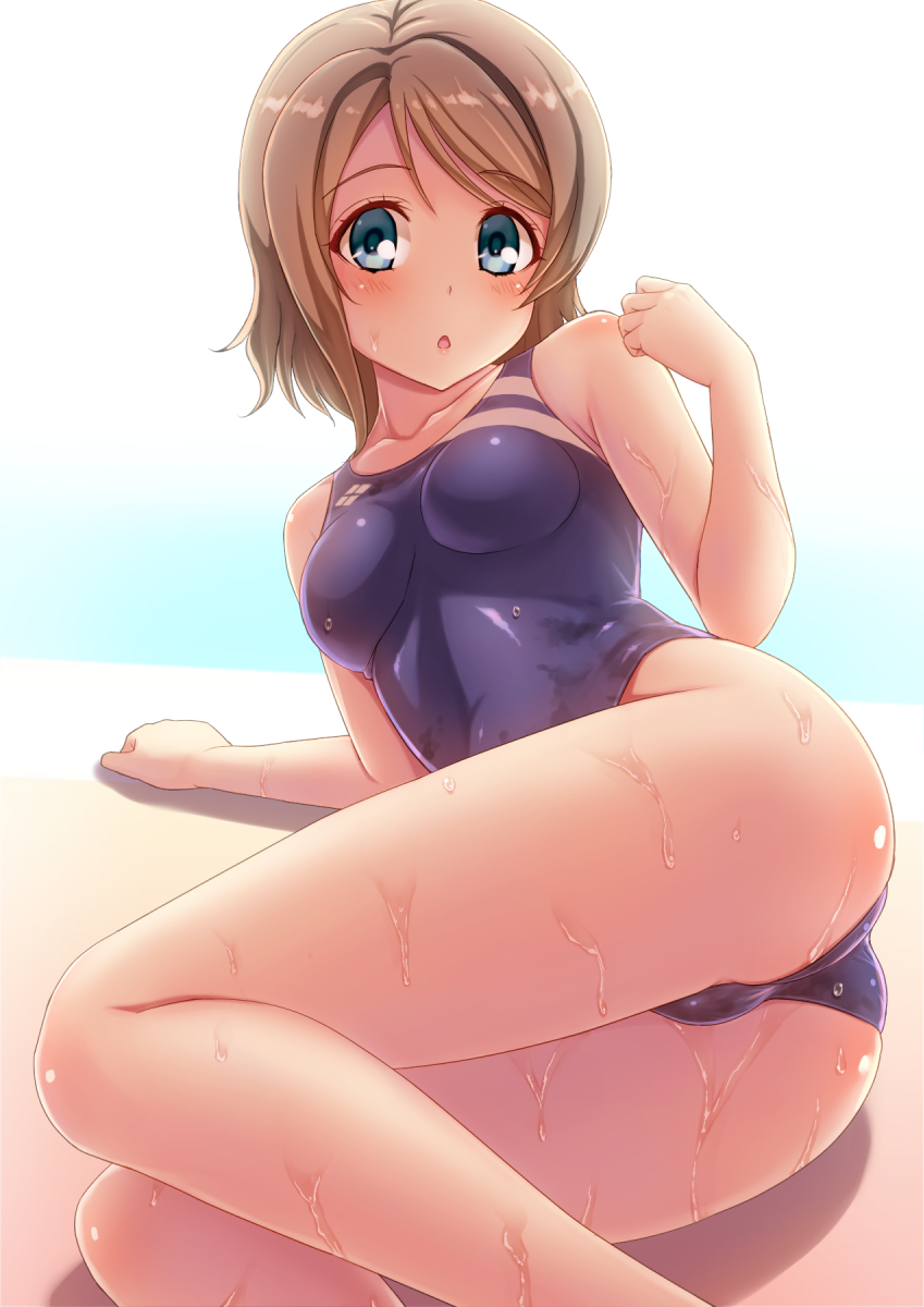 :o ass bangs blue_eyes blush breasts brown_hair collarbone competition_school_swimsuit competition_swimsuit eyebrows eyebrows_visible_through_hair from_behind highres looking_at_viewer love_live! love_live!_sunshine!! lying medium_breasts on_side one-piece_swimsuit open_mouth pool poolside school_swimsuit shimashima_salmon shiny shiny_clothes short_hair solo swimsuit watanabe_you water wet