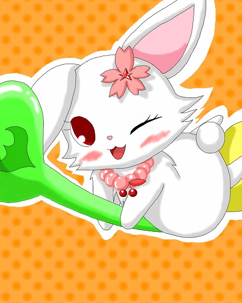 &lt;3 blush broom cute female flower jewelpet lagomorph looking_at_viewer mammal oddly_sexy one_eye_closed open_mouth orange_background plant rabbit red_eyes ruby_(jewelpet) sanrio simple_background unknown_artist wink