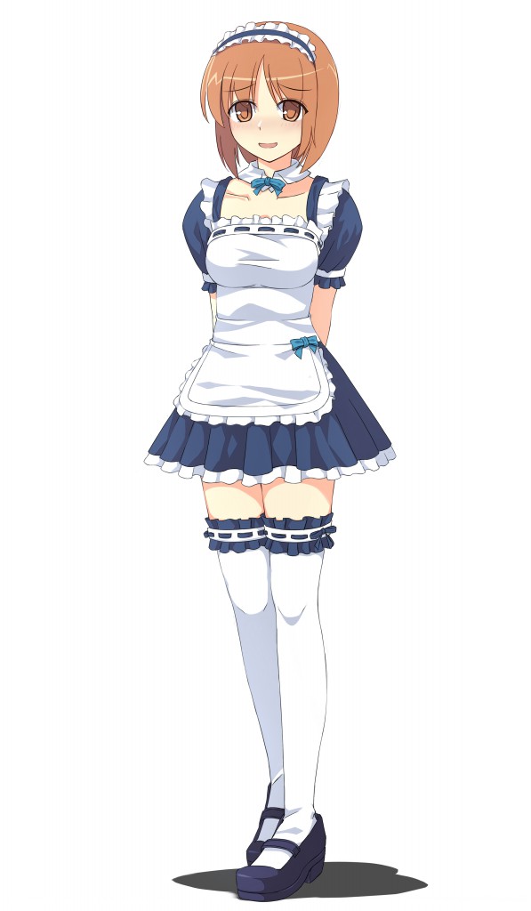 alternate_costume arms_behind_back bangs blue_dress blue_footwear blush brown_eyes brown_hair detached_collar dress enmaided frilled_dress frills full_body garters girls_und_panzer looking_at_viewer maid maid_headdress mary_janes nishizumi_miho parted_lips pleated_dress puffy_short_sleeves puffy_sleeves shoes short_dress short_hair short_sleeves simple_background smile solo srwsrx_(gp03dsrx) standing thighhighs white_background white_legwear zettai_ryouiki
