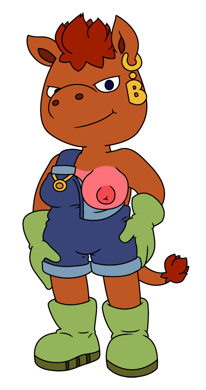 alpha_channel anthro betsy_bovine big_breasts blue_eyes boots bovine breasts brown_hair clothing dorigreen ear_piercing female flashing footwear gloves hair looking_at_viewer mammal nipples overalls piercing pose smile