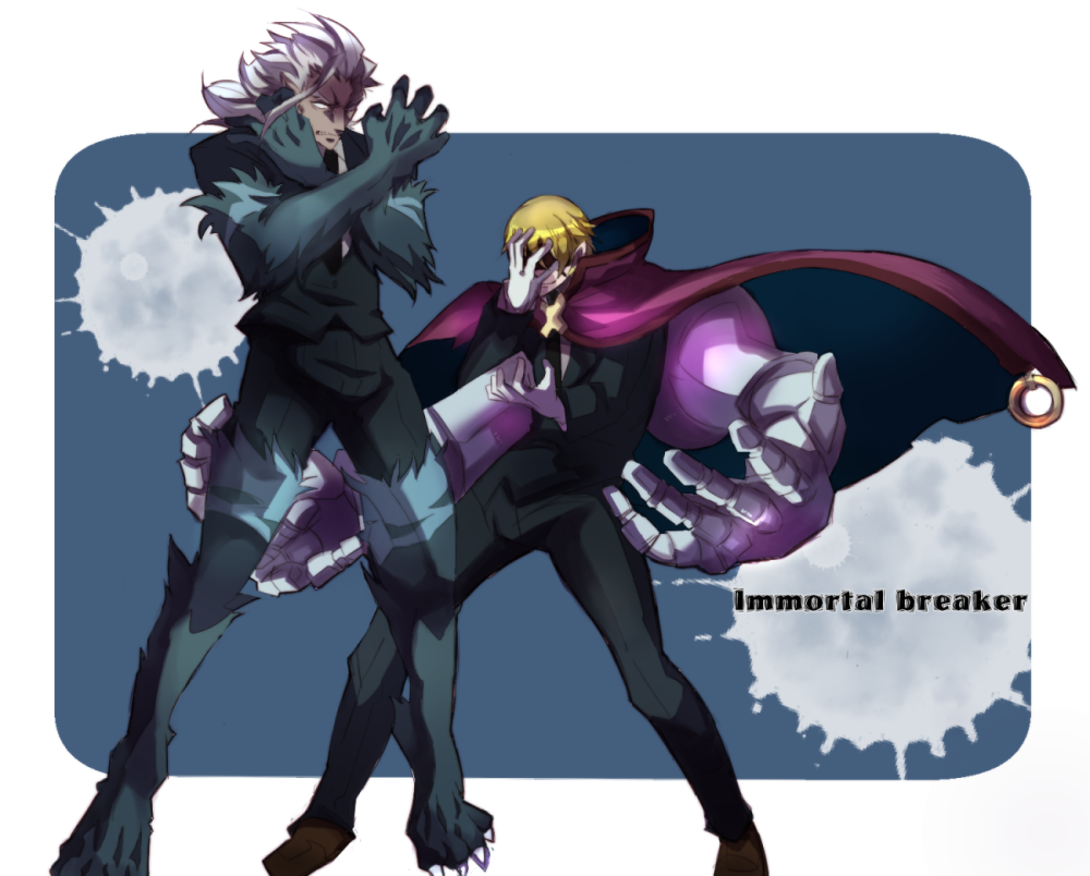 2boys arc_system_works artist_request blazblue blazblue:_bloodedge_experience blindfold blonde_hair cape formal height_difference high_collar mechanical_arms multiple_boys pointy_ears relius_clover short_hair smile suit transformation valkenhayn_r_hellsing werewolf white_hair younger