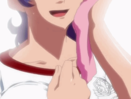 :d adjusting_buruma adjusting_clothes animated animated_gif arms_behind_back ass breasts buruma close-up collarbone emblem flat_ass gym_shirt gym_uniform hand_up hands head_out_of_frame holding holding_towel i_my_me_strawberry_eggs long_hair medium_breasts open_mouth pink_towel purple_hair red_buruma screencap shirt shirt_tug short_sleeves smile solo standing sweat thigh_gap towel wavy_hair white_shirt
