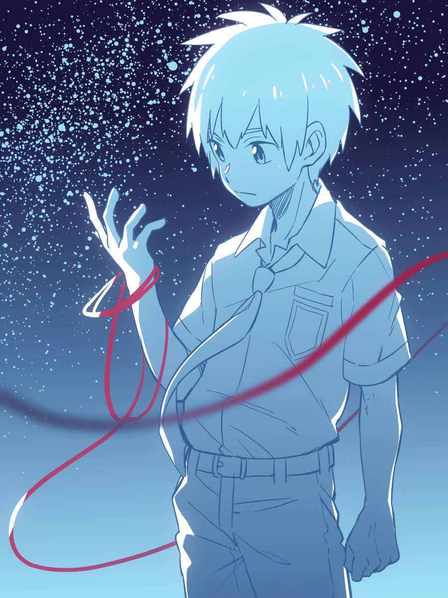 bad_id bad_twitter_id blue_background clenched_hand gradient gradient_background highres keitomato kimi_no_na_wa looking_down male_focus necktie night night_sky red_ribbon ribbon school_uniform sky solo spot_color star_(sky) tachibana_taki