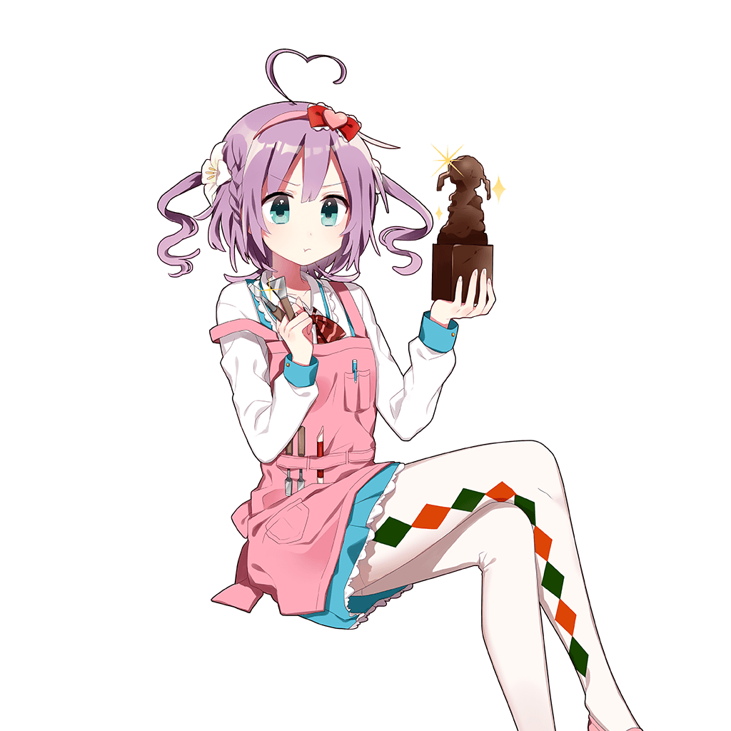 :t ahoge apron aqua_eyes argyle argyle_legwear artist_request bangs bow braid breasts clay closed_mouth crossed_legs eyebrows eyebrows_visible_through_hair flipped_hair flower focused french_braid from_side hair_flower hair_ornament hairband hands_up heart_ahoge holding lace lace-trimmed_skirt liliru_lily lily_(flower) long_hair long_sleeves official_art pantyhose parted_bangs pen pink_apron pink_footwear pleated_skirt pocket pout purple_hair red_bow sculpture shoes short_hair skirt sleeve_cuffs small_breasts solo sparkle strap_slip striped thighband_pantyhose transparent_background two_side_up uchi_no_hime-sama_ga_ichiban_kawaii v-shaped_eyebrows wavy_hair white_flower white_legwear