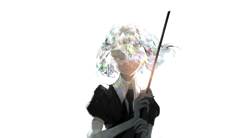 androgynous bangs collared_shirt colored_eyelashes crystal diamond_(houseki_no_kuni) elbow_gloves eyelashes floating_hair gem_uniform_(houseki_no_kuni) gloves hair_over_one_eye holding houseki_no_kuni light_smile looking_at_viewer puffy_short_sleeves puffy_sleeves sad shirt short_hair short_sleeves silver_hair simple_background solo sparkle swept_bangs toooka upper_body white_background white_shirt