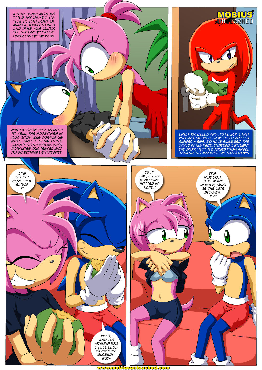 2012 ^_^ amy_rose bbmbbf belt blush body_swap bra breasts cleavage clothed clothing comic door dress echidna eyes_closed female food footwear fruit gloves guava half-closed_eyes happy hedgehog horny imminent_sex knuckles_the_echidna living_room male mammal mobius_unleashed monotreme naughty_face navel o_o palcomix palcomix_vip pants plant restaurant scrunchie shirt shoes shorts smile smirk sofa sonic_(series) sonic_the_hedgehog spikes table tablecloth teeth text underwear undressing