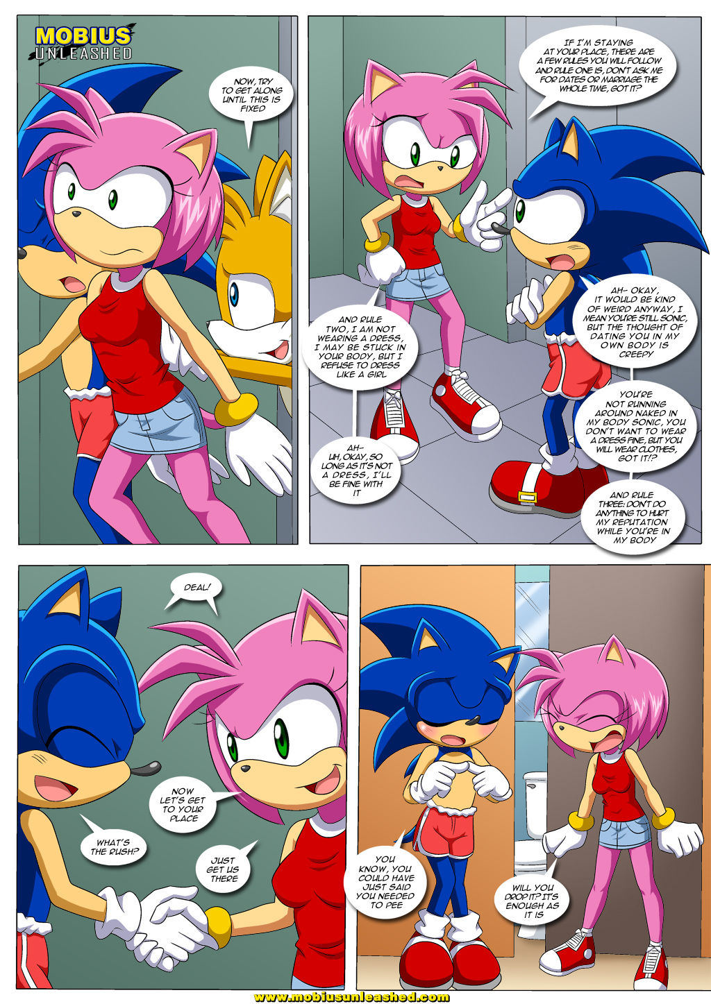 &gt;_&lt; 2012 ^_^ amy_rose angry bathroom bbmbbf blush body_swap breasts canine clothing comic door eyes_closed female footwear fox gloves hairband handshake happy hedgehog humor male mammal miles_prower mirror mobius_unleashed o_o palcomix palcomix_vip pushing rules screaming shirt shoes shorts skirt smile sonic_(series) sonic_the_hedgehog text toilet