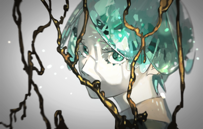 androgynous aqua_hair bangs blurry colored_eyelashes covered_mouth crystal depth_of_field face gold golden_arms grey_background houseki_no_kuni light_particles looking_at_viewer phosphophyllite shade short_hair solo toooka