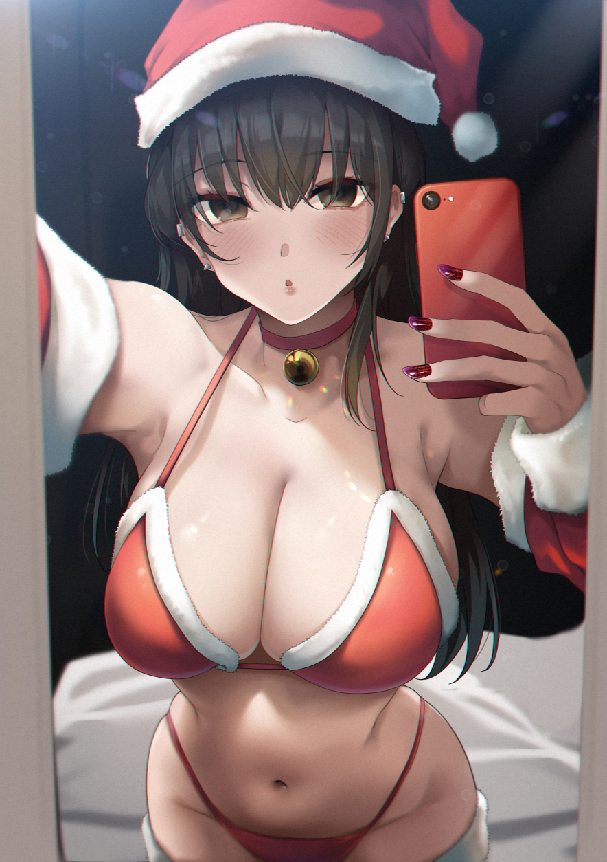 1girl :o bare_shoulders bell black_hair blush bra breasts brown_eyes cellphone choker cleavage commentary ear_piercing highres holding holding_phone indoors konata_(kankin_jk) large_breasts long_hair long_sleeves looking_at_viewer mishiranu_joshikousei_ni_kankin_sareta_mangaka_no_hanashi mole mole_on_neck nail_polish navel open_mouth panties phone piercing red_bra red_choker red_nails red_panties revision ryouma_(galley) selfie smartphone solo symbol-only_commentary underwear