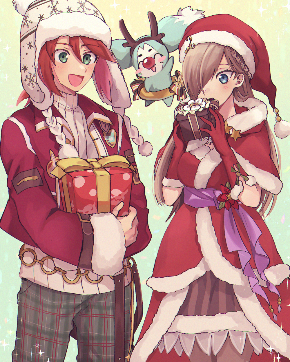 1boy 1girl aomattya blue_eyes blush blush_stickers box braid brown_hair capelet christmas christmas_present commentary_request cosplay creature dress fake_antlers fur-trimmed_capelet fur-trimmed_dress fur-trimmed_gloves fur-trimmed_headwear fur-trimmed_jacket fur_trim gift gift_box gloves green_eyes hair_behind_ear hair_between_eyes hair_over_one_eye hat highres holding holding_gift jacket long_hair luke_fon_fabre mieu_(tales) one_eye_covered open_mouth pom_pom_(clothes) red_capelet red_dress red_gloves red_hair red_headwear red_jacket red_nose ribbed_sweater rudolph_the_red_nosed_reindeer rudolph_the_red_nosed_reindeer_(cosplay) santa_dress santa_hat short_hair sweater tales_of_(series) tales_of_the_abyss tear_grants turtleneck turtleneck_sweater white_sweater