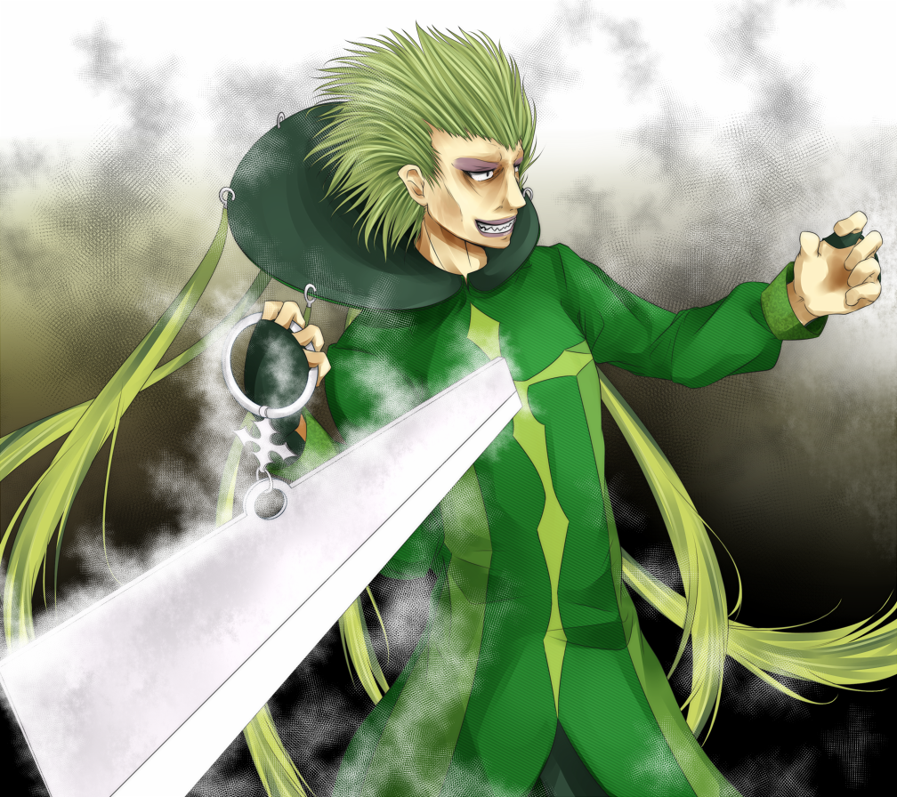 1boy commentary_request evil_grin evil_smile feathers feet_out_of_frame flour green_feathers grin hands_up holding holding_weapon long_sleeves medium_hair no_eyebrows nose partial_commentary priest sharp_teeth shin_(highest1192) smile solo spiked_hair teeth terra_of_the_left toaru_majutsu_no_index toaru_majutsu_no_index:_old_testament weapon