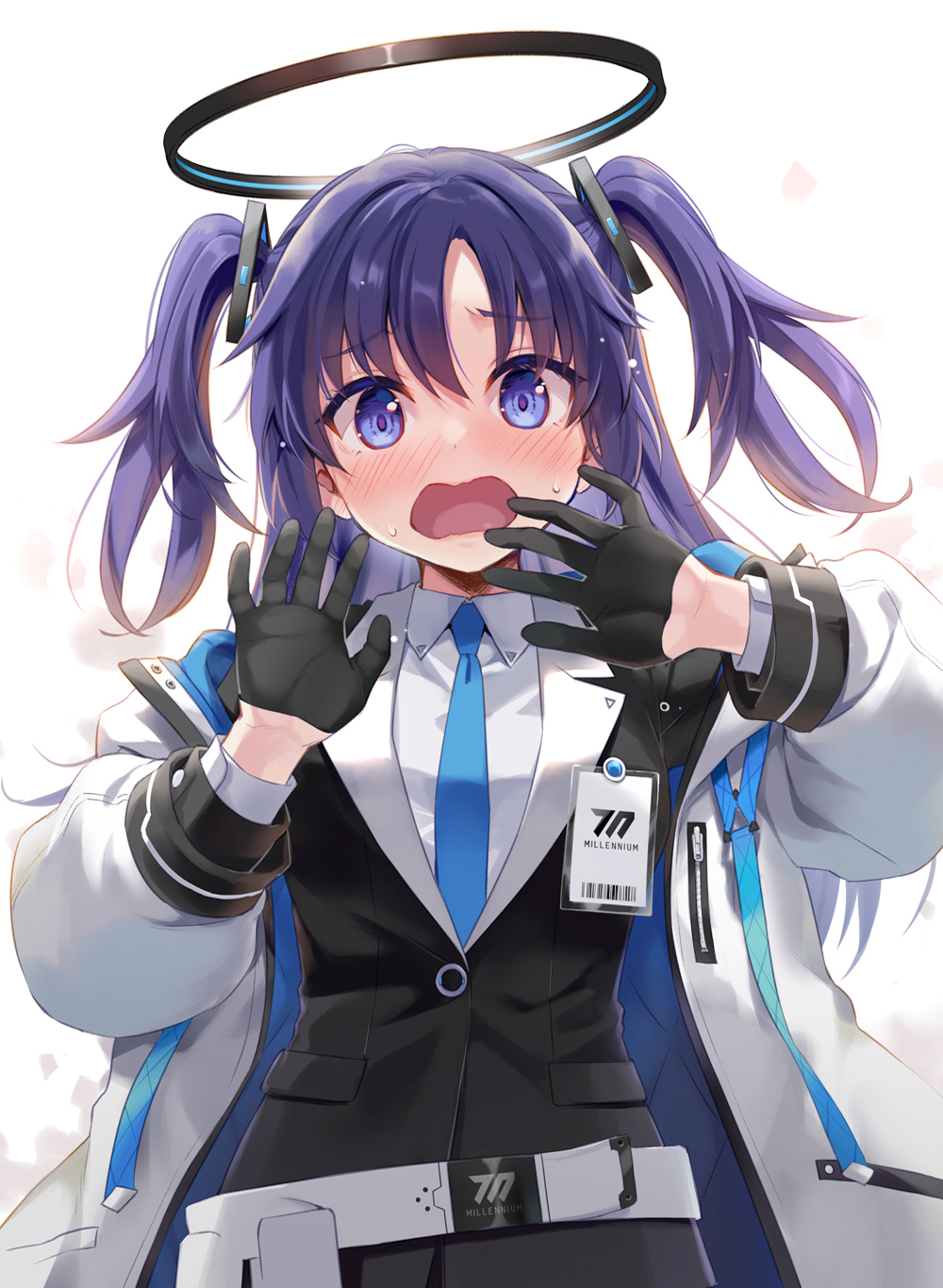 1girl black_gloves blue_archive blue_necktie blush breasts collared_shirt commentary eretto gloves halo highres id_card jacket long_hair long_sleeves looking_at_viewer mechanical_halo medium_breasts necktie open_mouth purple_eyes purple_hair shirt solo suit two_side_up upper_body white_jacket white_shirt yuuka_(blue_archive)
