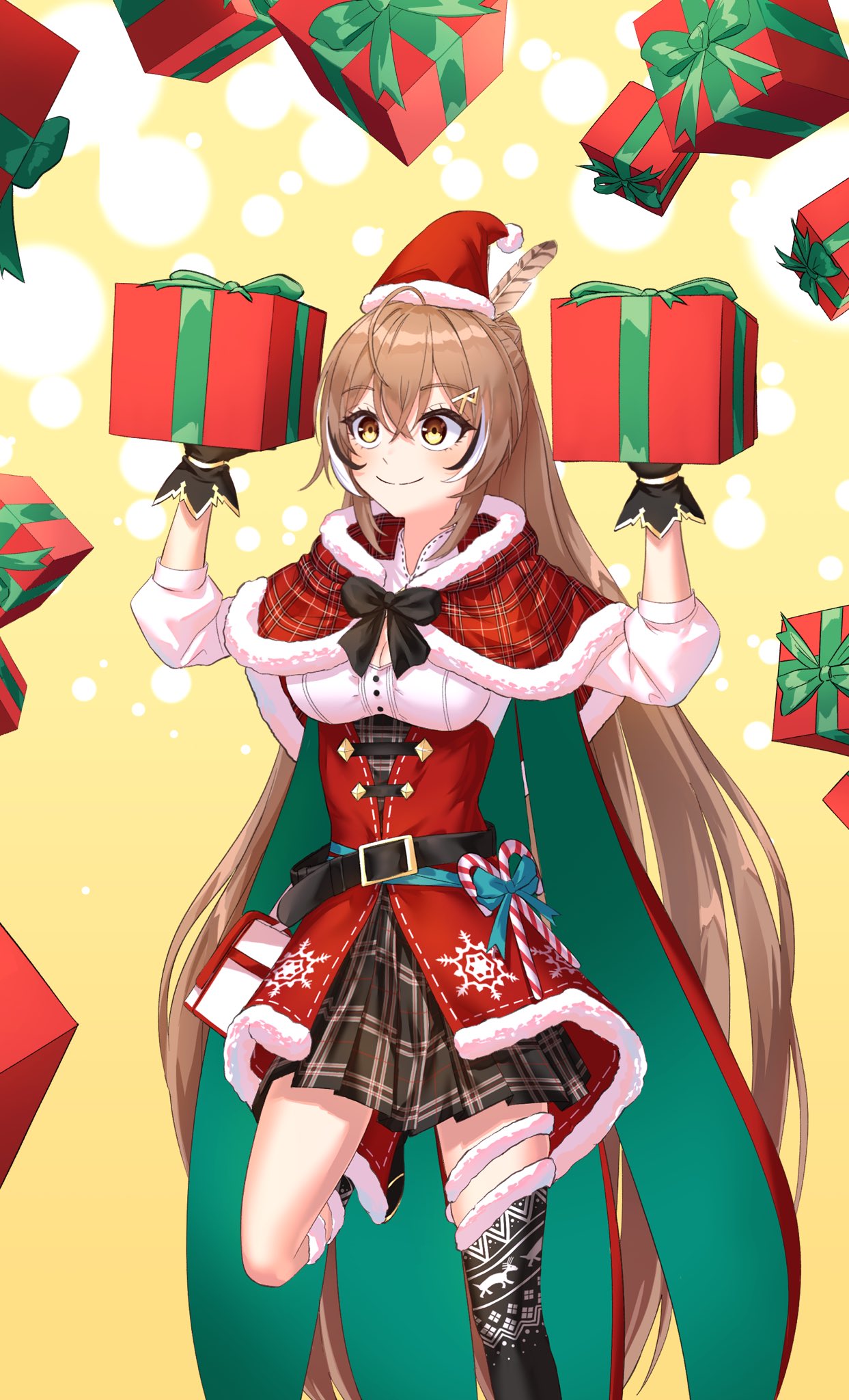 1girl ahoge alternate_costume belt box brown_eyes brown_hair brown_skirt bubble_background candy candy_cane cape capelet christmas cleavage_cutout cloak clothing_cutout corset crossed_bangs double-parted_bangs feather_hair_ornament feathers food fur_trim gift gift_box gloves hair_between_eyes hair_ornament hairclip hat highres holding holding_gift hololive hololive_english long_hair miniskirt multicolored_hair nanashi_mumei plaid plaid_skirt pleated_skirt ponytail red_capelet red_cloak red_corset ribbon santa_hat shirt single_thighhigh skirt smile streaked_hair thighhighs very_long_hair virtual_youtuber walking white_shirt yellow_background yoo_hwa