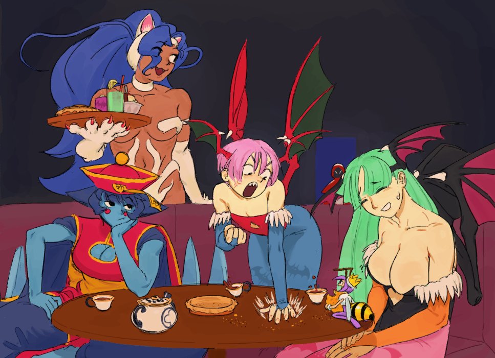 5girls angry bare_shoulders bat_wings blue_hair blue_skin blush_stickers booth_seating bored breasts cleavage cleavage_cutout closed_eyes clothing_cutout colored_skin drink elbow_gloves felicia_(vampire) food gloves green_hair hpargonohp large_breasts lei_lei lilith_aensland long_hair morrigan_aensland multiple_girls navel pink_hair q-bee short_hair sitting sleeveless small_breasts table vampire_(game) wings