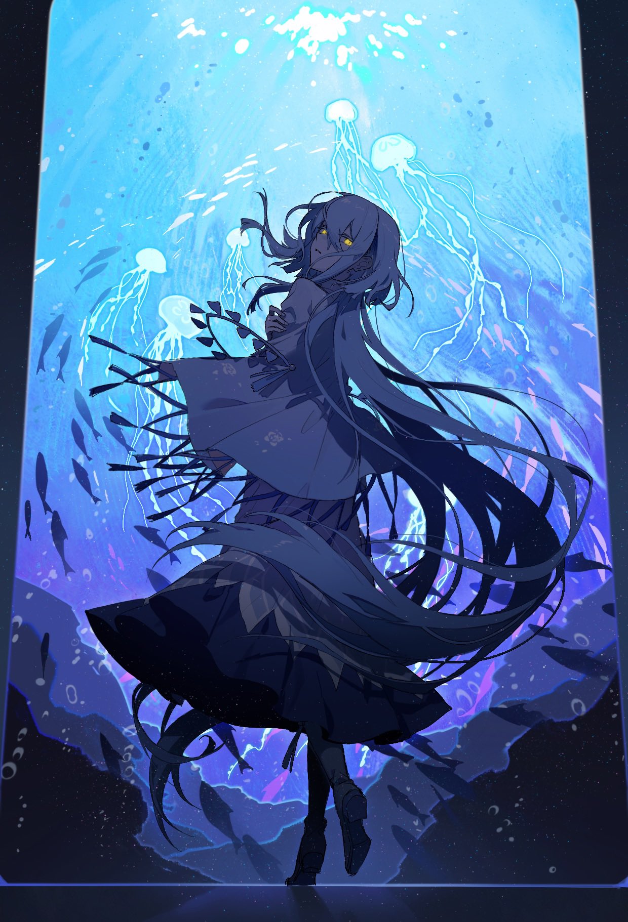 1girl absurdly_long_hair air_bubble blue_dress blue_footwear blue_hair blue_theme bubble cape dress expressionless fish from_side full_body hair_between_eyes highres jellyfish long_dress long_hair looking_at_viewer original purple_nails raito47 shaft_look solo underwater very_long_hair yellow_eyes