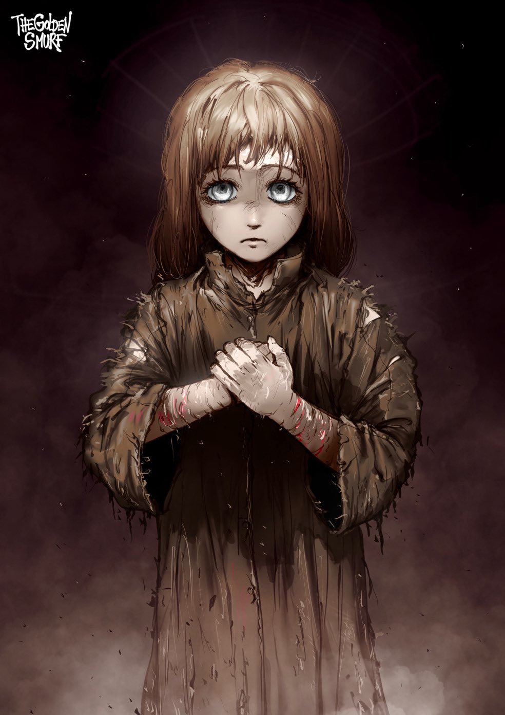 1girl blood brown_hair brown_robe child closed_mouth commentary dark_background english_commentary english_text fear_&amp;_hunger grey_eyes highres injury looking_at_viewer medium_hair own_hands_together robe simple_background solo the_girl_(fear_&amp;_hunger) the_golden_smurf torn_clothes