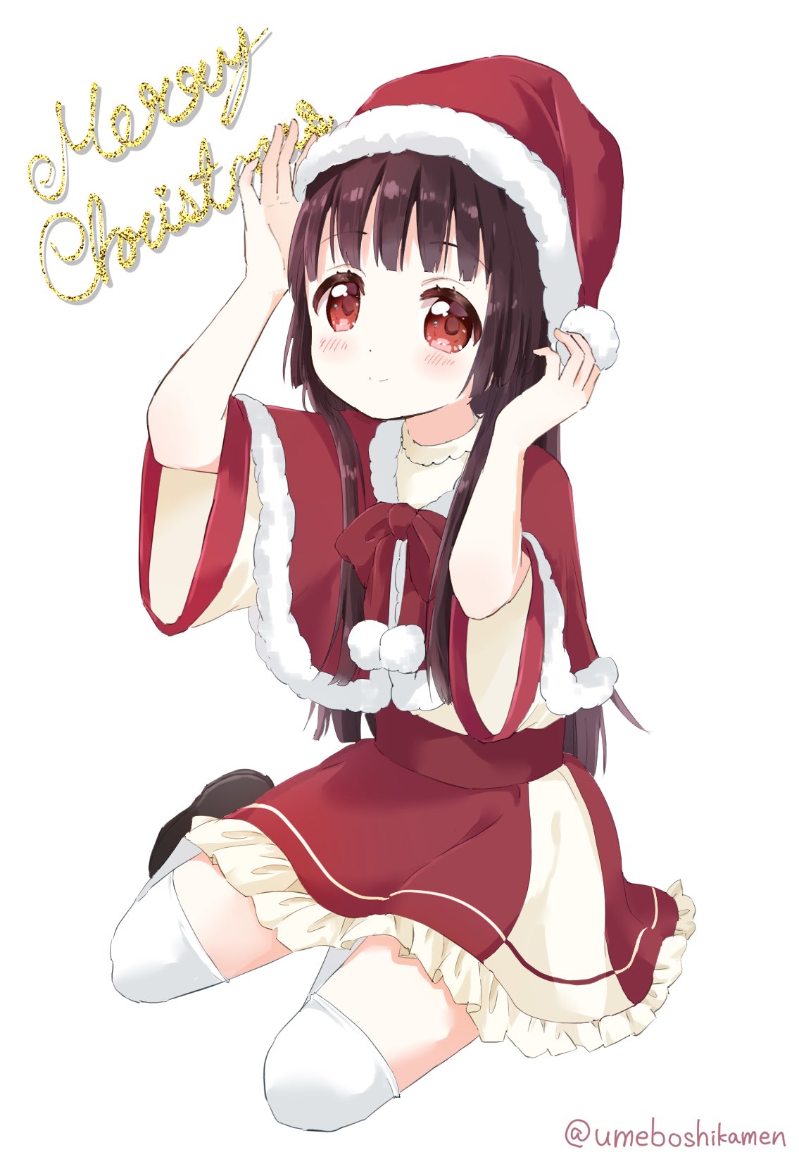 1girl black_footwear black_hair blush capelet christmas closed_mouth commentary dress frilled_dress frills fur-trimmed_capelet fur_trim hands_on_headwear hat highres long_hair matsumoto_rise mearian merry_christmas pom_pom_(clothes) red_dress red_eyes red_sash ribbon-trimmed_capelet santa_costume santa_hat sash short_sleeves simple_background smile solo thighhighs twitter_username white_background white_thighhighs wide_sleeves yuru_yuri