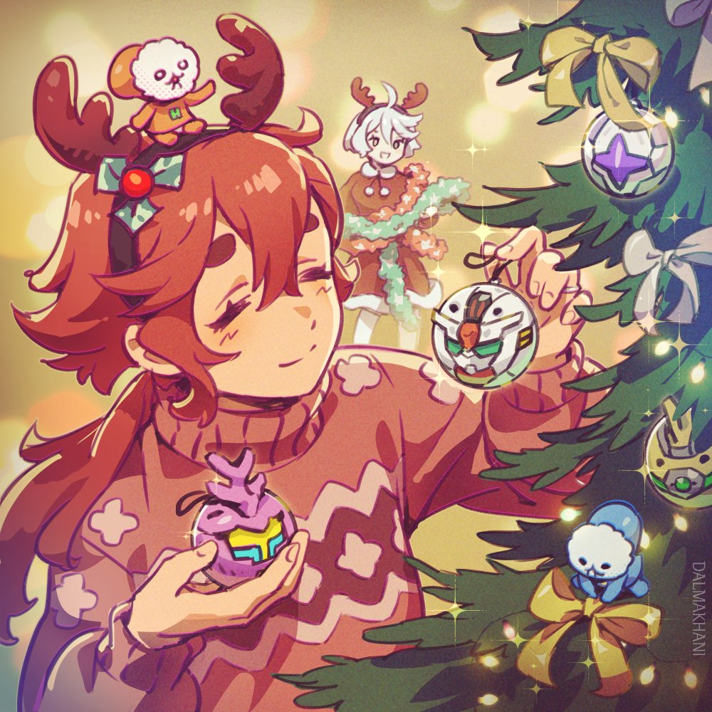 ahoge antlers blush charm_(object) christmas christmas_tree closed_eyes cool_(gundam_suisei_no_majo) dalmakhani3 dress grey_eyes gundam gundam_aerial gundam_suisei_no_majo headband hots_(gundam_suisei_no_majo) jewelry keychain low_ponytail michaelis_(mobile_suit) miorine_rembran red_hair reindeer_antlers ring siblings sisters suletta_mercury sweater thick_eyebrows wedding_ring wife_and_wife