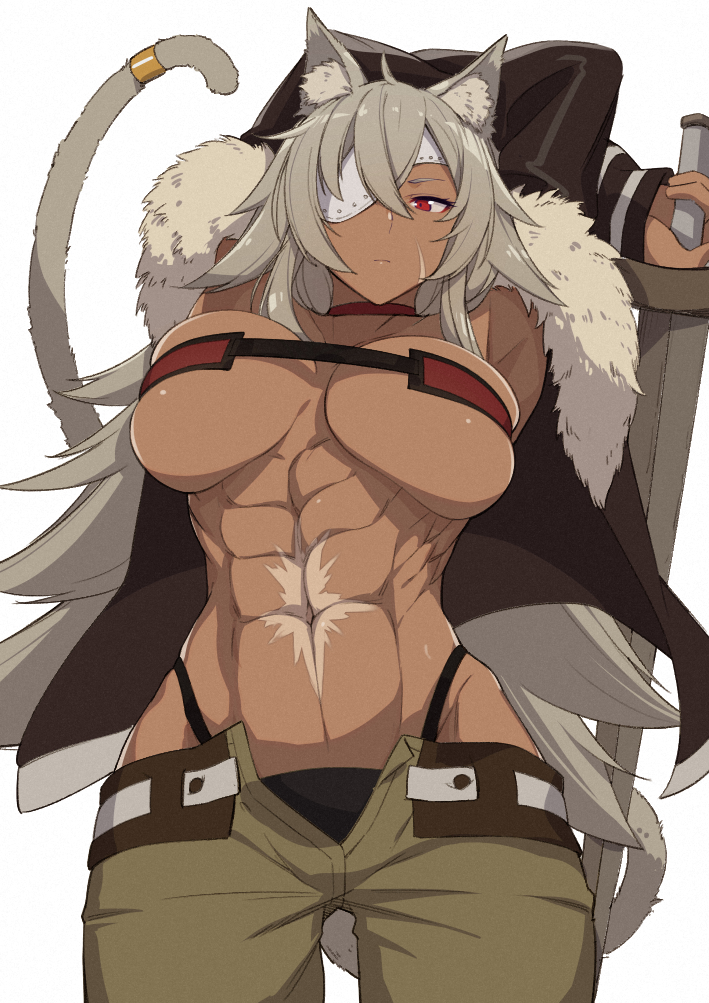 1girl abs animal_ear_fluff animal_ears arms_up bandeau belt black_jacket black_panties breasts cat_ears cat_girl cat_tail cleavage closed_mouth cluseller commentary cowboy_shot crossed_arms dark-skinned_female dark_skin expressionless eyepatch fur-trimmed_jacket fur_trim ghislaine_dedoldia green_pants grey_hair hair_between_eyes holding holding_sword holding_weapon jacket large_breasts long_hair looking_at_viewer muscular muscular_female mushoku_tensei navel obliques one-eyed open_belt open_clothes open_jacket open_pants panties pants red_bandeau red_eyes revealing_clothes scar scar_on_cheek scar_on_face scar_on_stomach sidelocks simple_background skindentation solo standing stomach sword tail tail_ornament tail_ring underwear weapon white_background