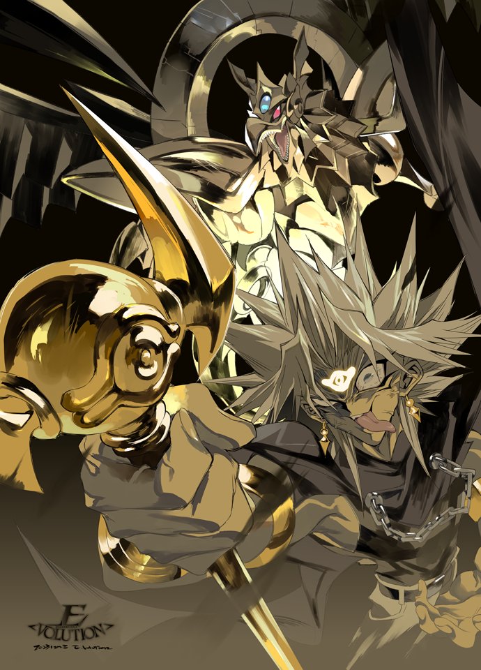 1boy artist_name chain dark-skinned_male dark_skin duel_monster e_volution earrings eye_of_horus facial_mark forehead_mark gold_earrings grey_hair holding holding_rod holding_staff jewelry male_focus millennium_rod solo spiked_hair staff the_winged_dragon_of_ra tongue tongue_out vambraces yami_marik yu-gi-oh! yu-gi-oh!_duel_monsters
