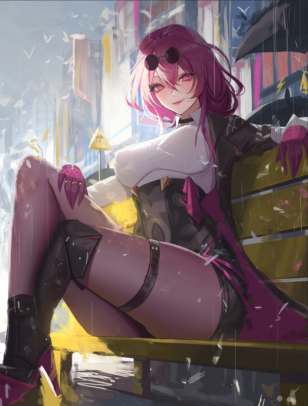 1girl asymmetrical_legwear bench black_shorts boots breasts chest_harness collared_shirt covered_nipples crossed_bangs crossed_legs eyewear_on_head gloves hair_between_eyes harness high-waist_shorts highres honkai_(series) jacket kafka_(honkai:_star_rail) large_breasts long_sleeves looking_at_viewer mismatched_legwear multicolored_clothes multicolored_jacket neorarty outdoors pantyhose pantyhose_under_shorts park_bench purple-tinted_eyewear purple_eyes purple_gloves purple_hair purple_pantyhose rain round_eyewear shirt shorts single_thigh_boot sitting skindentation skirt solo spider_web_print sunglasses thigh_boots tinted_eyewear two-tone_jacket white_shirt