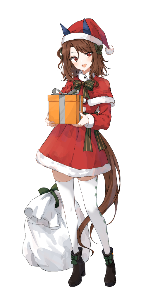 1girl alternate_costume animal_ears brown_hair capelet christmas dress ears_through_headwear full_body fur-trimmed_capelet fur-trimmed_dress fur_trim gift hat holding holding_gift horse_ears horse_girl horse_tail king_halo_(umamusume) long_hair long_sleeves ninjin_nouka open_mouth red_eyes sack santa_costume santa_hat shoes solo tail thighhighs umamusume white_thighhighs