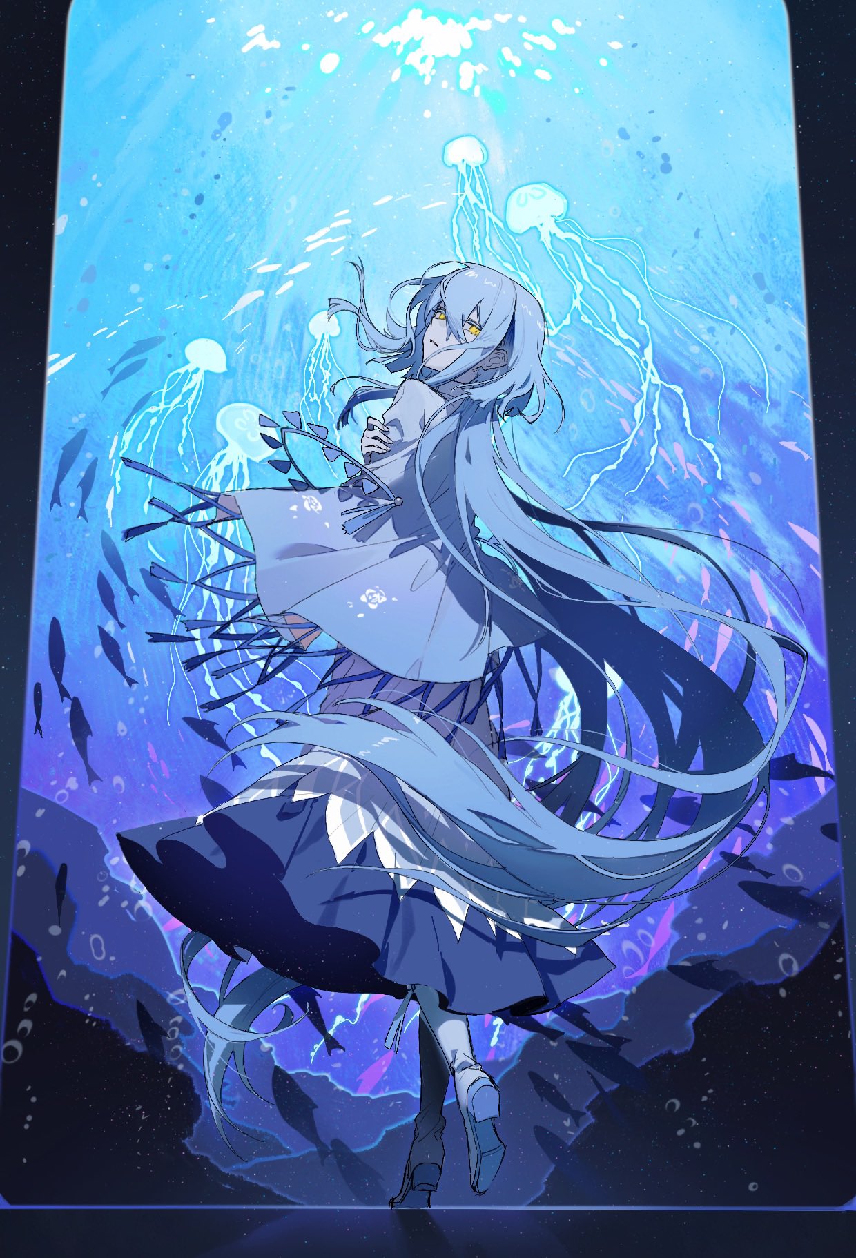1girl absurdly_long_hair air_bubble blue_dress blue_footwear blue_hair blue_theme bubble cape dress expressionless fish from_side full_body hair_between_eyes highres jellyfish long_dress long_hair looking_at_viewer original purple_nails raito47 shaft_look solo underwater very_long_hair yellow_eyes