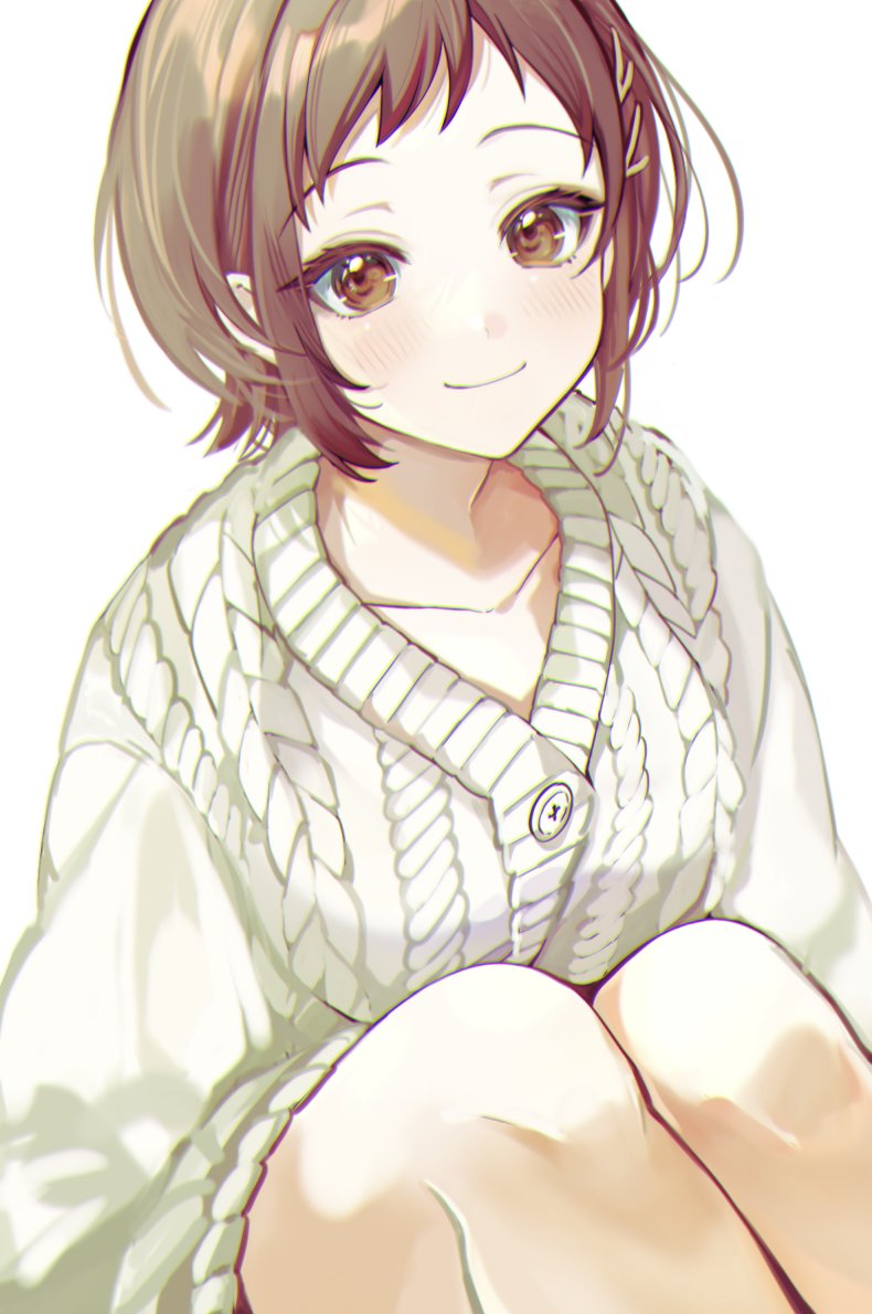 1girl arms_at_sides bang_dream! blush brown_eyes brown_hair buttons cable_knit cardigan closed_mouth collarbone commentary hair_ornament hairclip hazawa_tsugumi knees_up long_sleeves looking_at_viewer roko_(pe0e07) short_hair simple_background sitting smile solo swept_bangs upper_body white_background white_cardigan
