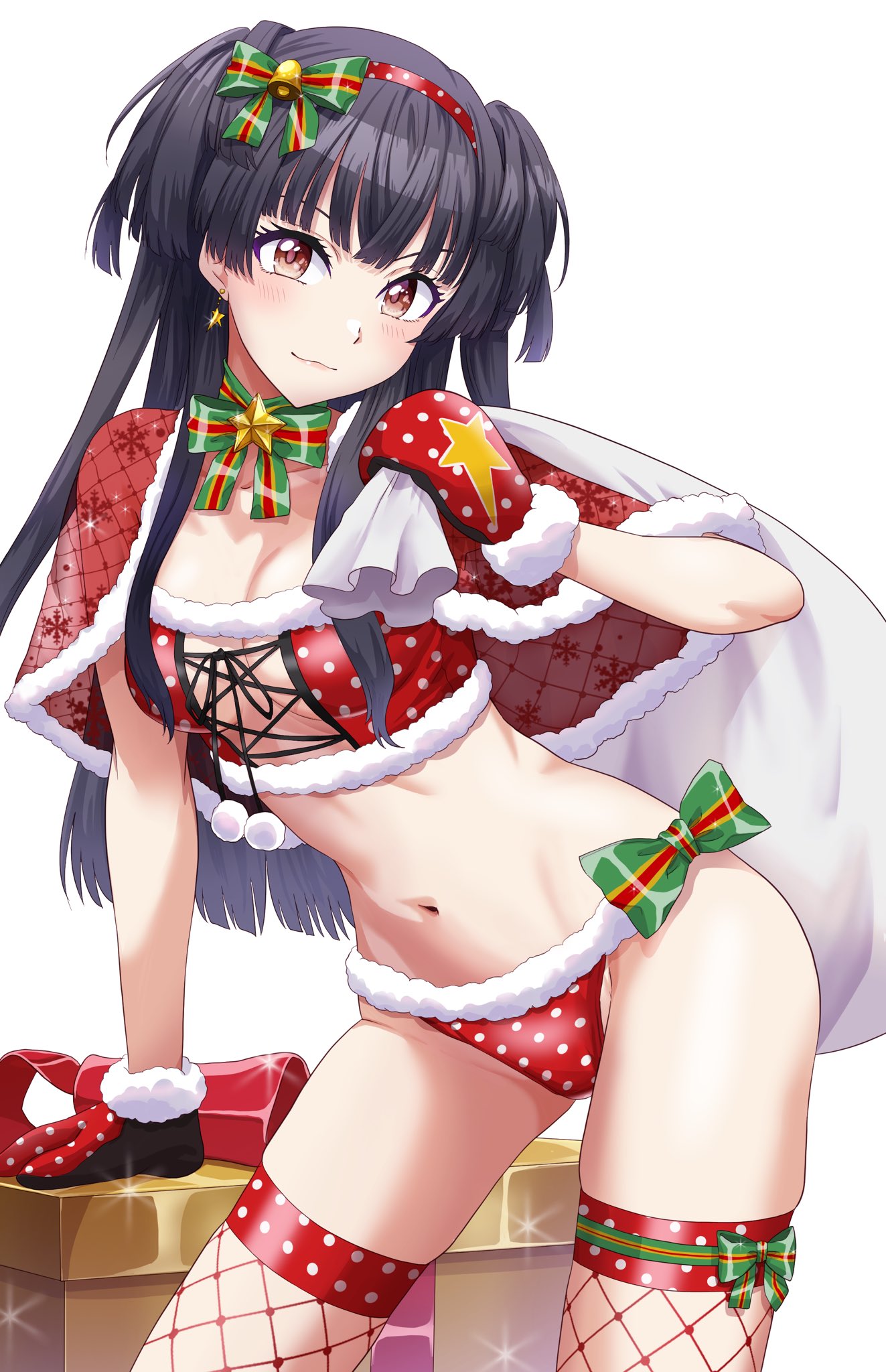 1girl arm_support bell bikini black_gloves black_hair blunt_bangs breasts brown_eyes capelet closed_mouth earrings fishnet_thighhighs fishnets fur-trimmed_bikini fur-trimmed_capelet fur-trimmed_gloves fur_trim gloves green_ribbon hair_bell hair_ornament hair_ribbon hairband highres holding holding_sack idolmaster idolmaster_shiny_colors jewelry leaning_to_the_side long_hair looking_at_viewer mayuzumi_fuyuko medium_breasts navel neck_ribbon polka_dot polka_dot_bikini polka_dot_hairband pom_pom_(clothes) red_bikini red_capelet red_gloves red_hairband red_thighhighs ribbon run_p_(aveton) sack simple_background solo star_(symbol) star_earrings swimsuit thighhighs thighs white_background