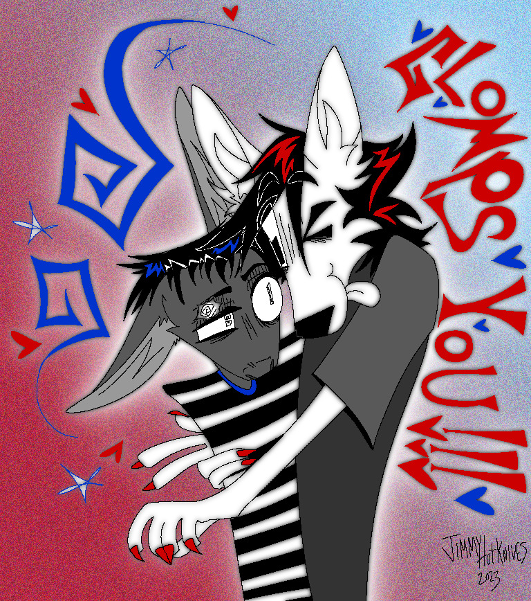 &lt;3 alternate_species ambiguous_gender anthro canid canine canis clothed clothing colored_claws colored_nails domestic_dog duo embrace english_text exclamation_point eyebrow_through_hair eyebrows fur furrification glomp grey_body grey_fur hair hug inner_ear_fluff jimmy_(jthm) johnny_c. johnny_the_homicidal_maniac lagomorph leporid mammal nails one_ear_up one_eye_closed rabbit shirt smile snout spiral text tongue tongue_out toony topwear translucent translucent_hair tuft white_body white_fur wink xx-h0tkn1v3s-xx