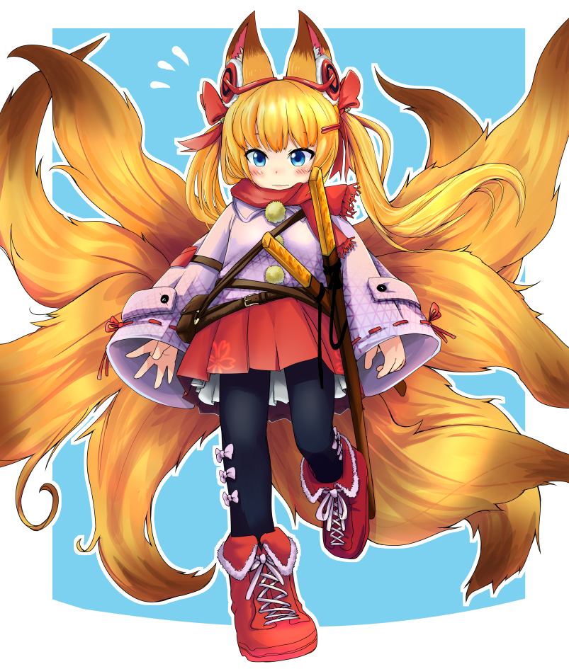 1girl alternate_costume animal_ears ankle_boots black_legwear blonde_hair blue_background blue_eyes blush boots closed_mouth cross-laced_footwear doitsuken extra_tails flying_sweatdrops fox_ears fox_tail full_body hair_ornament hair_ribbon hairclip jacket katana kemomimi_oukoku_kokuei_housou kitsune long_sleeves mikoko_(kemomimi_oukoku_kokuei_housou) multiple_swords multiple_tails outline pantyhose pink_jacket pom_pom_(clothes) red_footwear red_ribbon red_scarf red_skirt ribbon scarf short_hair simple_background skirt solo standing standing_on_one_leg sword tail virtual_youtuber weapon white_outline