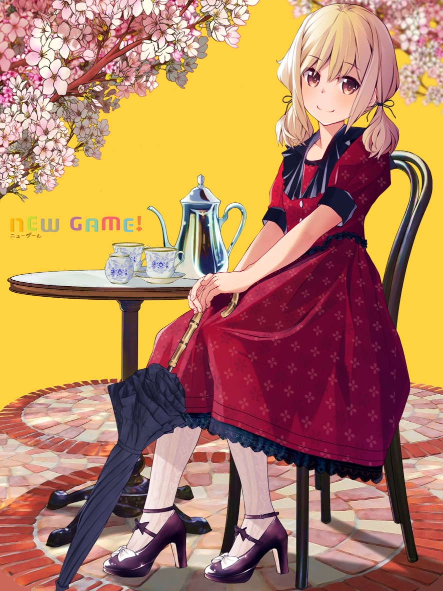 1girl alternate_costume blonde_hair brown_eyes cable_knit chuutaro_metal closed_mouth closed_umbrella coffee_table copyright_name cup dress frilled_dress frills full_body holding holding_umbrella iijima_yun looking_at_viewer low_twintails medium_dress medium_hair new_game! pantyhose parasol red_dress ribbed_pantyhose shirt sleeveless sleeveless_shirt smile solo strappy_heels table tea_set teacup teapot twintails umbrella v_arms white_pantyhose yellow_background