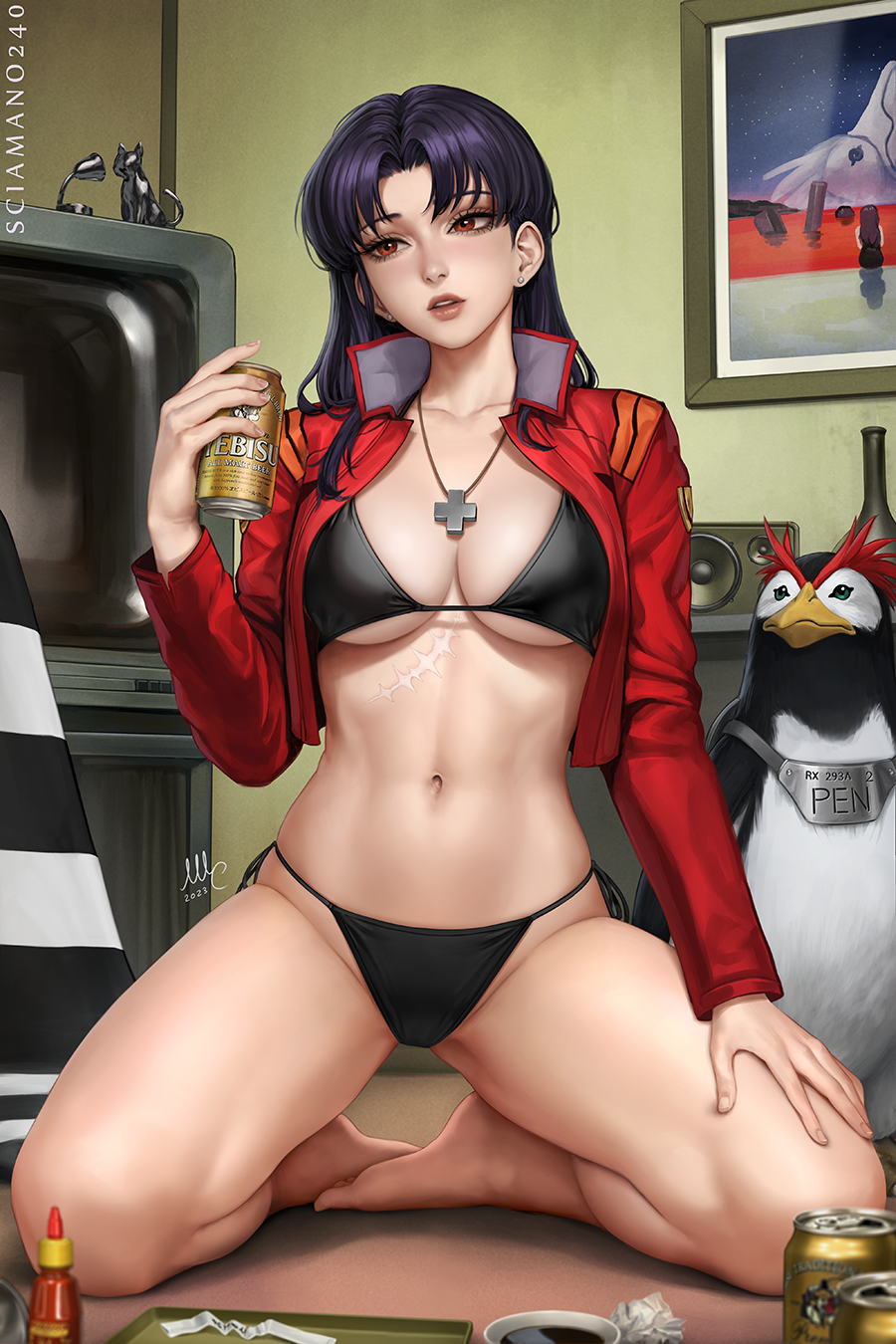 1girl barefoot beer_can bikini bird breasts brown_eyes can cleavage cross cross_necklace drink_can earrings highres jacket jewelry katsuragi_misato knees_apart_feet_together looking_to_the_side navel necklace neon_genesis_evangelion parted_lips penguin penpen purple_hair red_jacket scar sciamano240 side-tie_bikini_bottom stud_earrings swimsuit television thighs toned