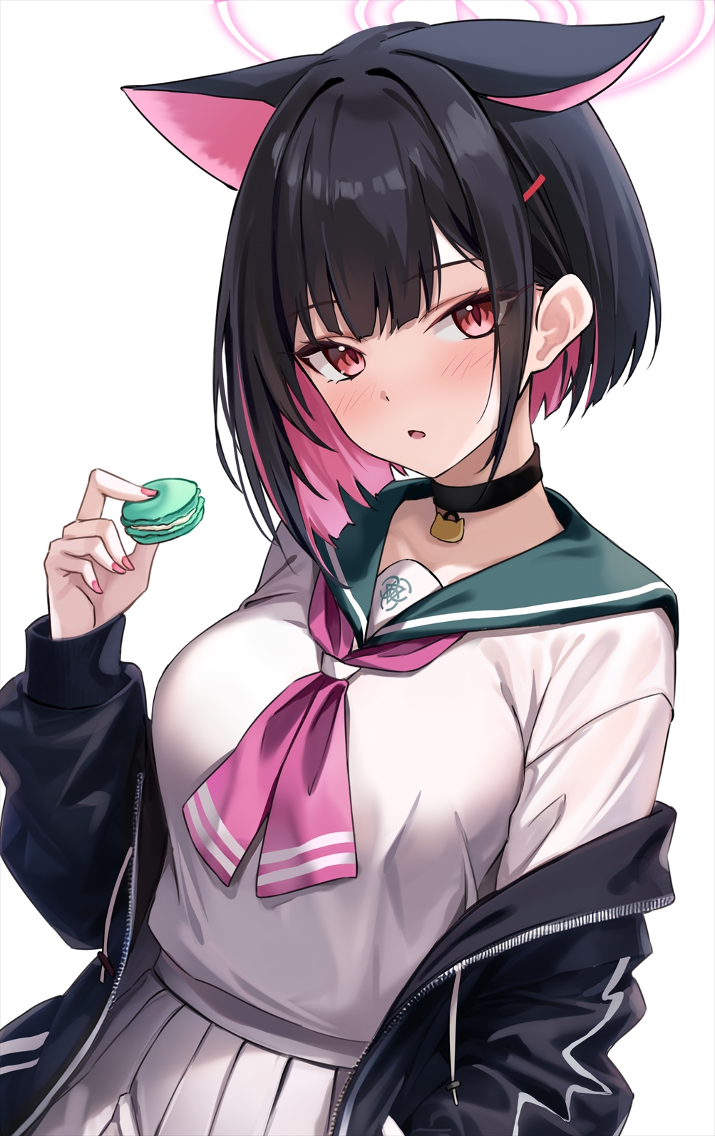 1girl animal_ear_fluff animal_ears black_choker black_hair black_jacket blue_archive blush breasts cat_ears cat_girl choker colored_inner_animal_ears colored_inner_hair food green_sailor_collar halo highres holding holding_food jacket kazusa_(blue_archive) large_breasts looking_at_viewer macaron marisasu_(marisa0904) multicolored_hair neckerchief off_shoulder open_clothes open_jacket open_mouth pink_hair pink_halo pink_neckerchief red_eyes sailor_collar school_uniform serafuku shirt simple_background skirt solo upper_body white_background white_serafuku white_shirt white_skirt
