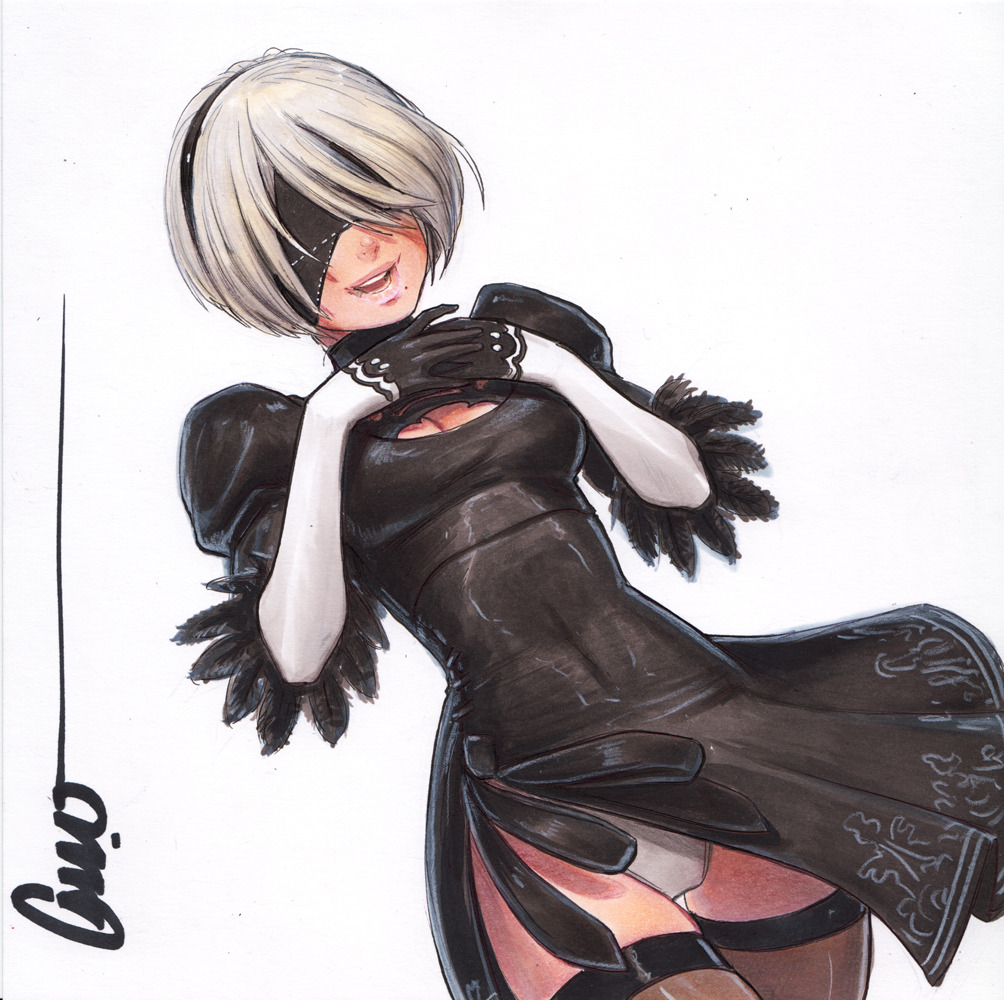 1girl 2b_(nier:automata) black_blindfold black_dress black_hairband blindfold cowboy_shot dress elbow_gloves english_commentary gloves hairband nier:automata nier_(series) omar_dogan open_mouth pink_lips puffy_sleeves short_hair simple_background smile solo standing teeth white_background white_gloves white_hair