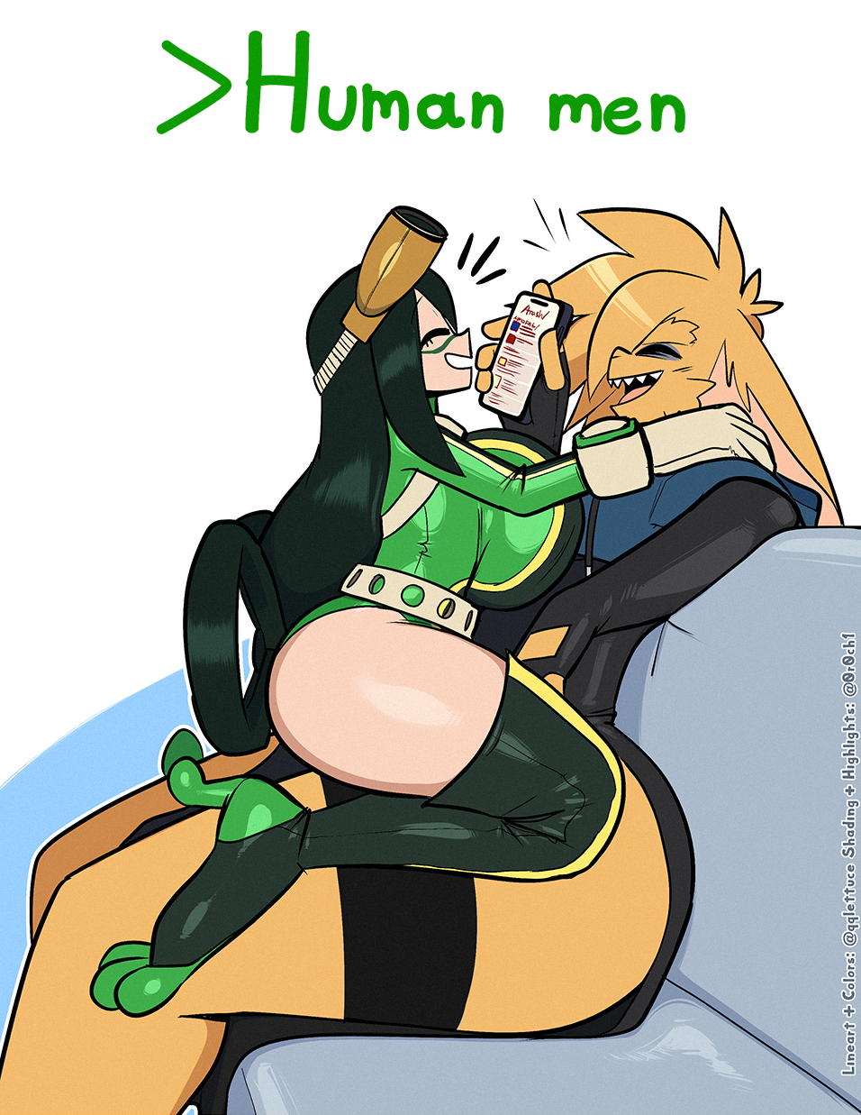 0r0 amphibian amphibian_humanoid animal_humanoid anthro asui_tsuyu bodysuit canon_x_oc clothing duo electronics female frog_humanoid hi_res humanoid lagomorph laugh leotard leporid lettuce_(artist) male male/female mammal my_hero_academia phone rabbit sitting_on_another skinsuit tight_clothing