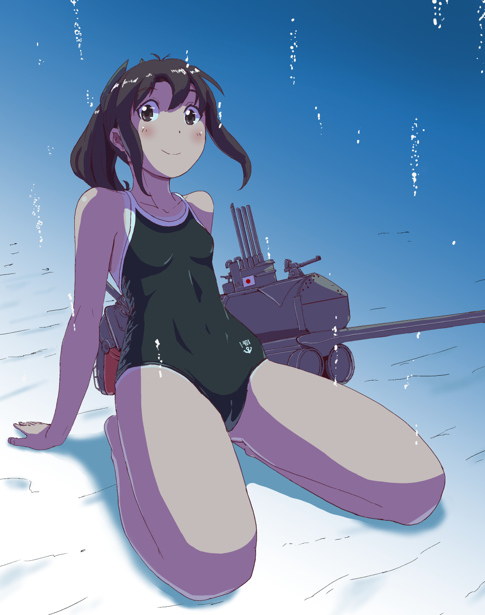 1girl air_bubble alternate_costume black_one-piece_swimsuit brown_eyes brown_hair bubble competition_school_swimsuit hi-ro_(rimlnet) highres i-401_(kancolle) japanese_flag kantai_collection kneeling looking_at_viewer machinery medium_hair one-piece_swimsuit ponytail school_swimsuit sidelocks solo swimsuit underwater