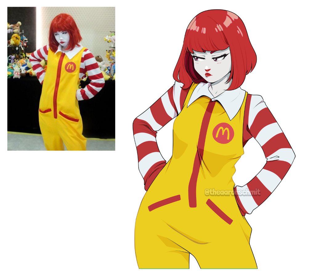 1girl aaron_schmit clown contrapposto cosplay cowboy_shot indoors logo mcdonald's photo-referenced red_hair red_lips reference_inset ronald_mcdonald ronald_mcdonald_(cosplay) short_hair striped_sleeves watermark white_background