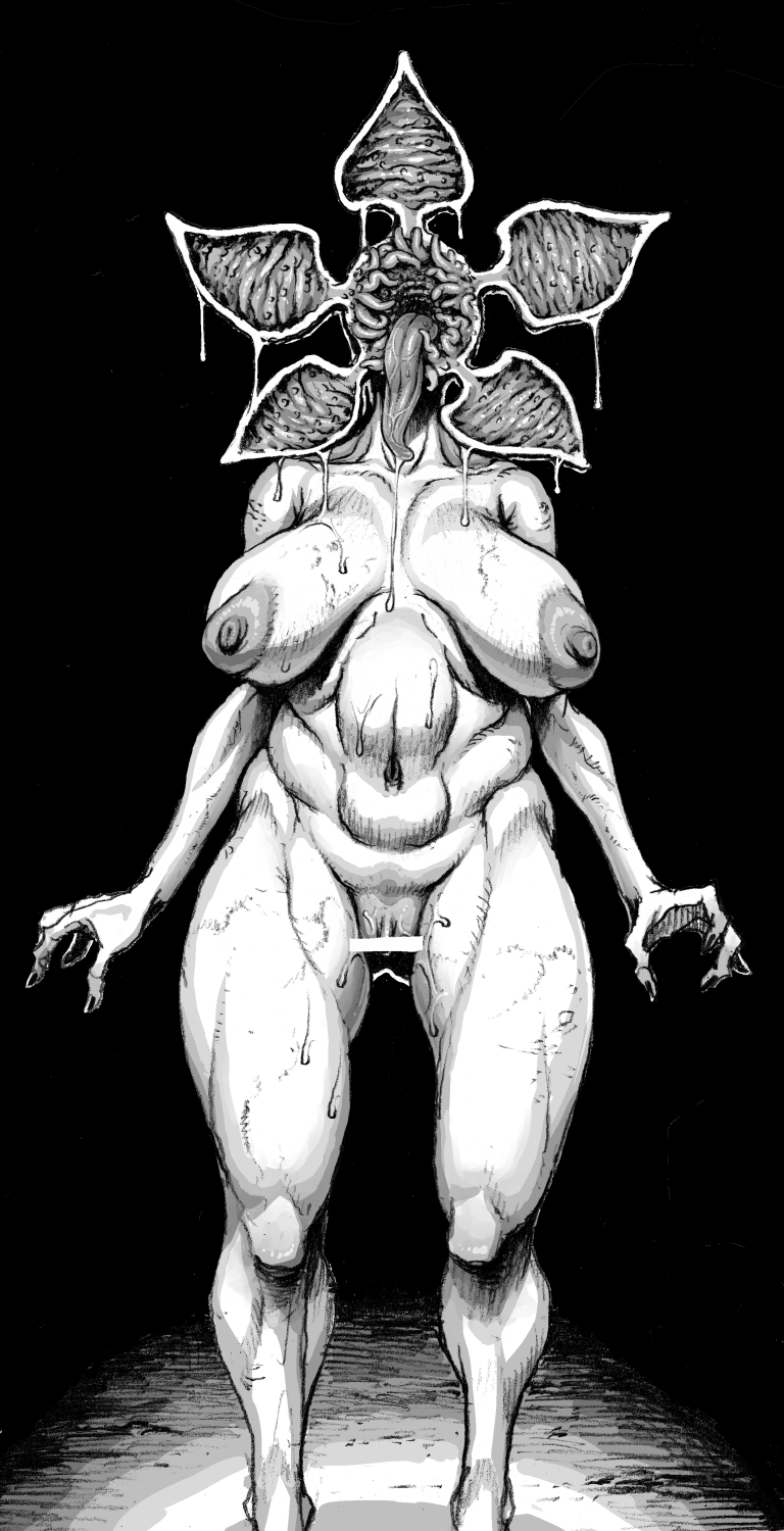areola biped breasts censored censored_genitalia censored_pussy demogorgon double_deck female genitals hi_res humanoid monochrome nipples not_furry pussy solo tongue tongue_out