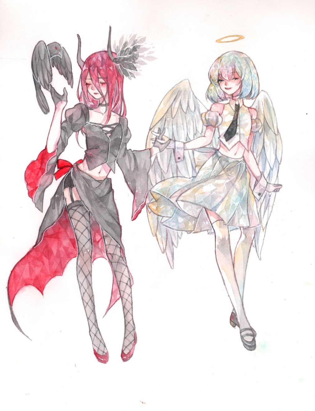 280548709 2girls angel angel_wings bird black_footwear bow cinnabar_(houseki_no_kuni) closed_eyes closed_mouth detached_sleeves diamond_(houseki_no_kuni) feathered_wings fishnet_pantyhose fishnets flat_chest flats full_body garter_straps gloves grey_gloves grey_skirt hair_between_eyes hair_ornament halo hand_up highres holding_hands horns houseki_no_kuni leaf_hair_ornament lingerie long_eyelashes long_hair medium_hair multicolored_hair multiple_girls pantyhose pleated_skirt puffy_sleeves red_bow red_footwear red_skirt shoes simple_background skirt traditional_media two-tone_skirt underwear white_background white_wrist_cuffs wide_sleeves wings wrist_cuffs