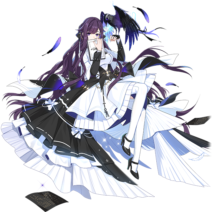 1girl bird bird_on_hand book bow breasts feathers full_body hair_bow holding holding_book honkai_(series) honkai_impact_3rd kafka_(honkai_impact) long_hair official_art pages paper purple_eyes purple_hair solo thighhighs third-party_source transparent_background