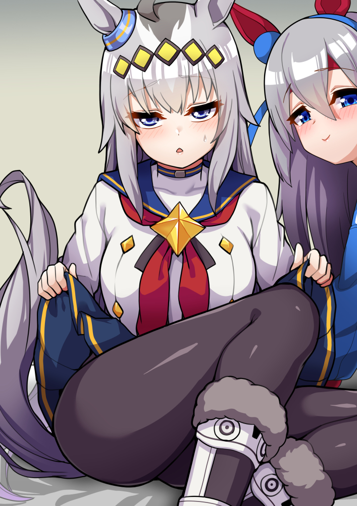 2girls :o ahoge animal_ears ao_(user_xcnx5328) black_footwear black_pantyhose blue_eyes blue_headband blue_jacket blue_sailor_collar blue_skirt blush boots brooch closed_mouth clothes_lift commentary_request ear_covers ear_ornament fur-trimmed_boots fur_trim grey_hair hair_ornament hairband half-closed_eyes headband horse_ears horse_girl horse_tail jacket jewelry korean_commentary lifted_by_self long_hair long_sleeves looking_at_viewer miniskirt multiple_girls neckerchief oguri_cap_(umamusume) pantyhose parted_lips pleated_skirt red_neckerchief sailor_collar shirt sitting skirt skirt_lift smile star_brooch sweatdrop tail tamamo_cross_(umamusume) umamusume white_shirt