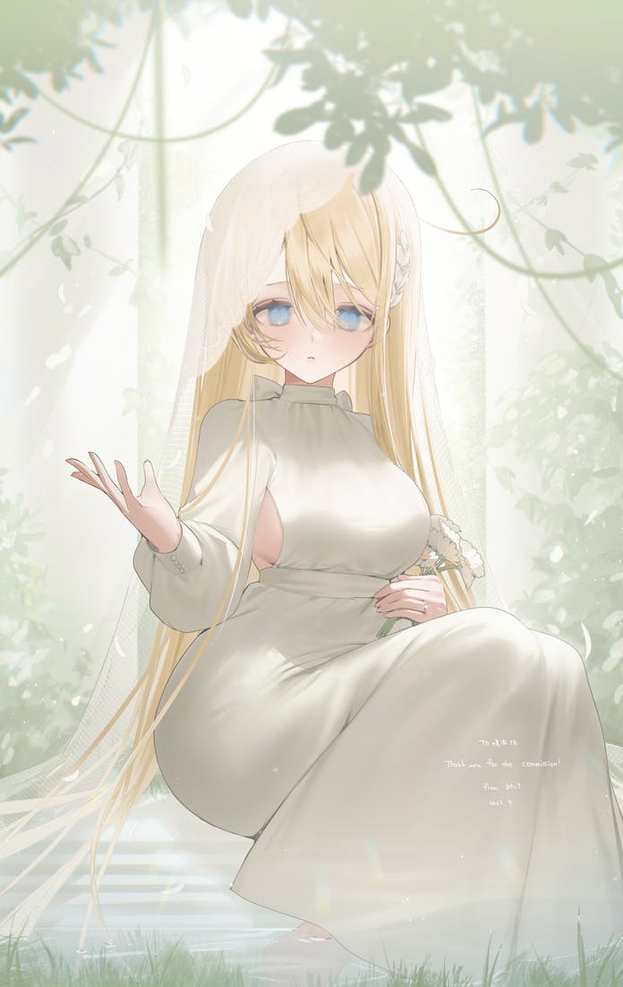 1girl blonde_hair blue_eyes braid breasts chromatic_aberration clothing_cutout commentary_request commission dress expressionless feet_out_of_frame flower grass hair_between_eyes hand_up holding holding_flower jewelry jpeg_artifacts long_dress long_hair long_sleeves looking_at_viewer no_pupils original parted_lips plant puffy_long_sleeves puffy_sleeves ring sash sideboob sitting skeb_commission solo thank_you veil very_long_hair water watermark white_dress white_sash youichi_(45_01)