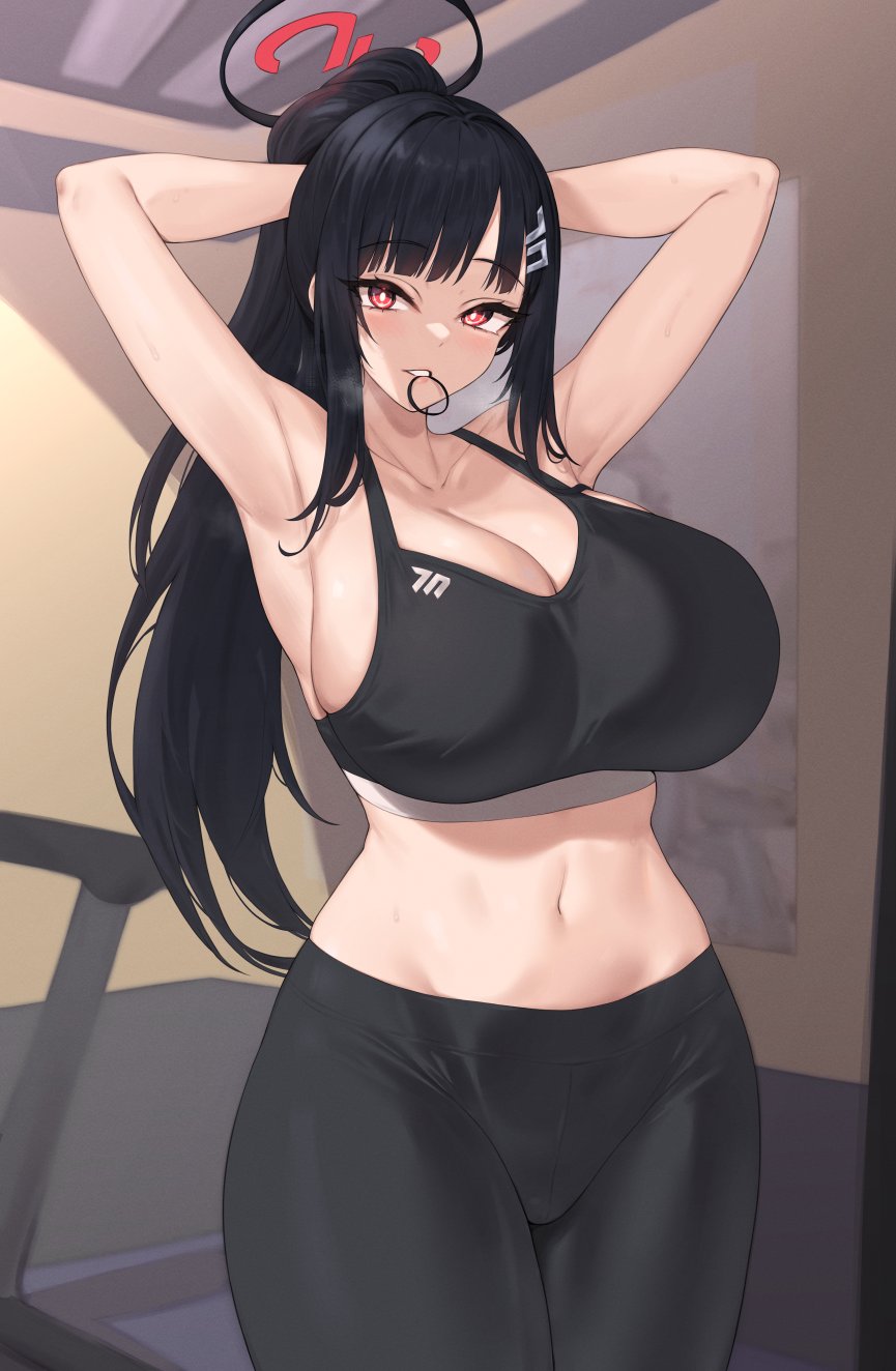 1girl armpits arms_up bare_arms bare_shoulders black_hair black_pants blue_archive breasts cleavage commentary cowboy_shot crop_top hair_ornament hairclip highres huge_breasts kuavera leggings looking_at_viewer midriff mouth_hold navel pants pink_eyes rio_(blue_archive) solo sports_bra standing stomach thighs tying_hair yoga_pants