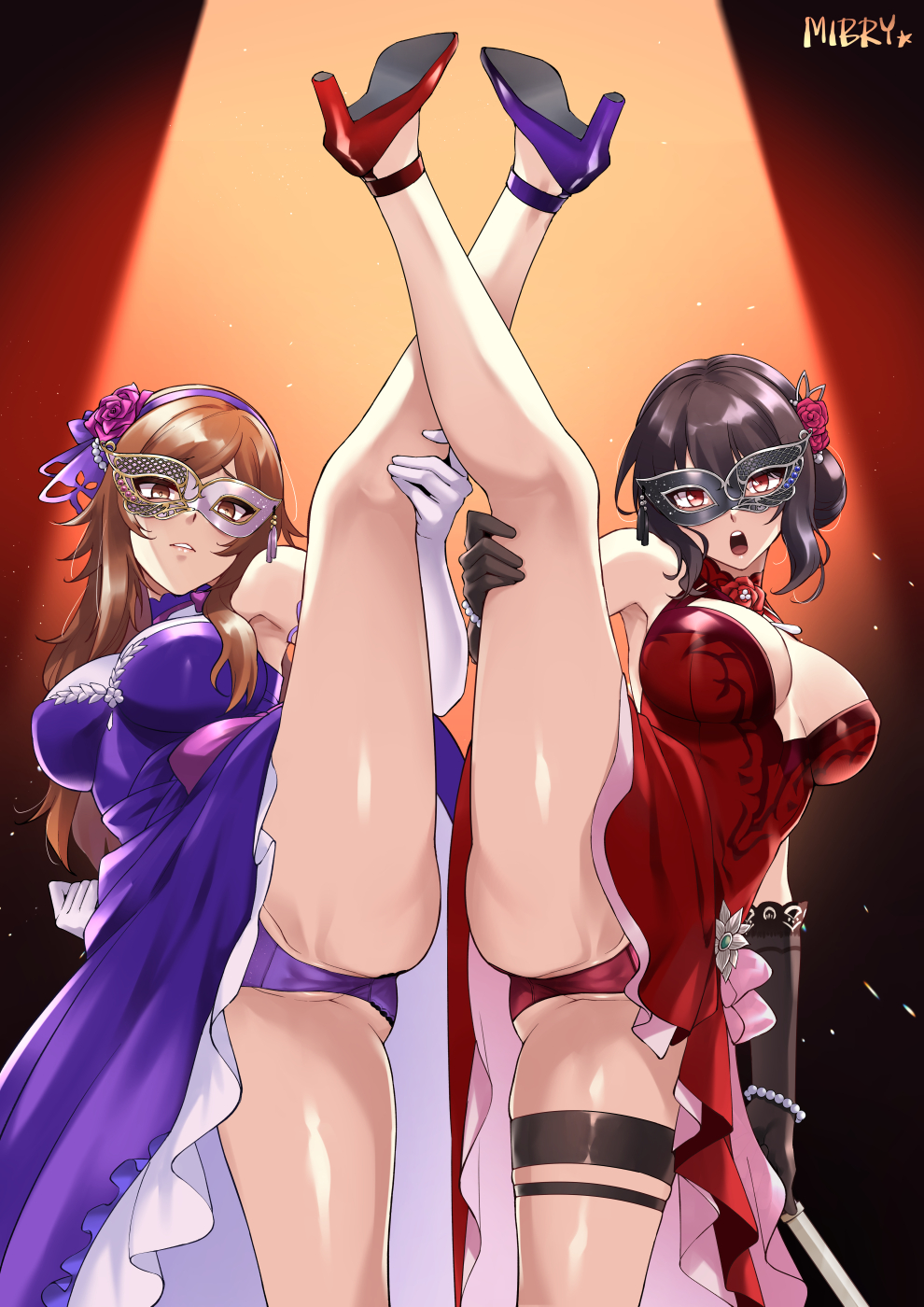 black_hair breasts cameltoe claire_kagenou dress flexible flower formal frilled_dress frills highres holding_leg kage_no_jitsuryokusha_ni_naritakute! knife large_breasts leg_hold leg_lift leg_up long_dress long_hair mask masquerade_mask mibry_(phrysm) nu_(kage_no_jitsuryokusha_ni_naritakute!) open_mouth panties partially_visible_vulva red_eyes rose split spread_legs standing standing_on_one_leg standing_split underwear