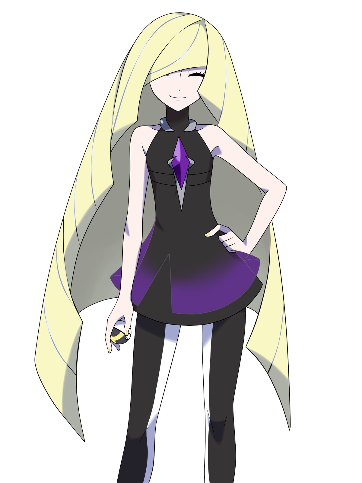 1girl asatsuki_(fgfff) bare_shoulders black_dress blonde_hair closed_eyes dress gradient_dress hair_over_one_eye hand_on_own_hip highres holding holding_poke_ball long_hair looking_at_viewer lusamine_(pokemon) poke_ball poke_ball_(basic) pokemon simple_background smile solo tachi-e very_long_hair white_background