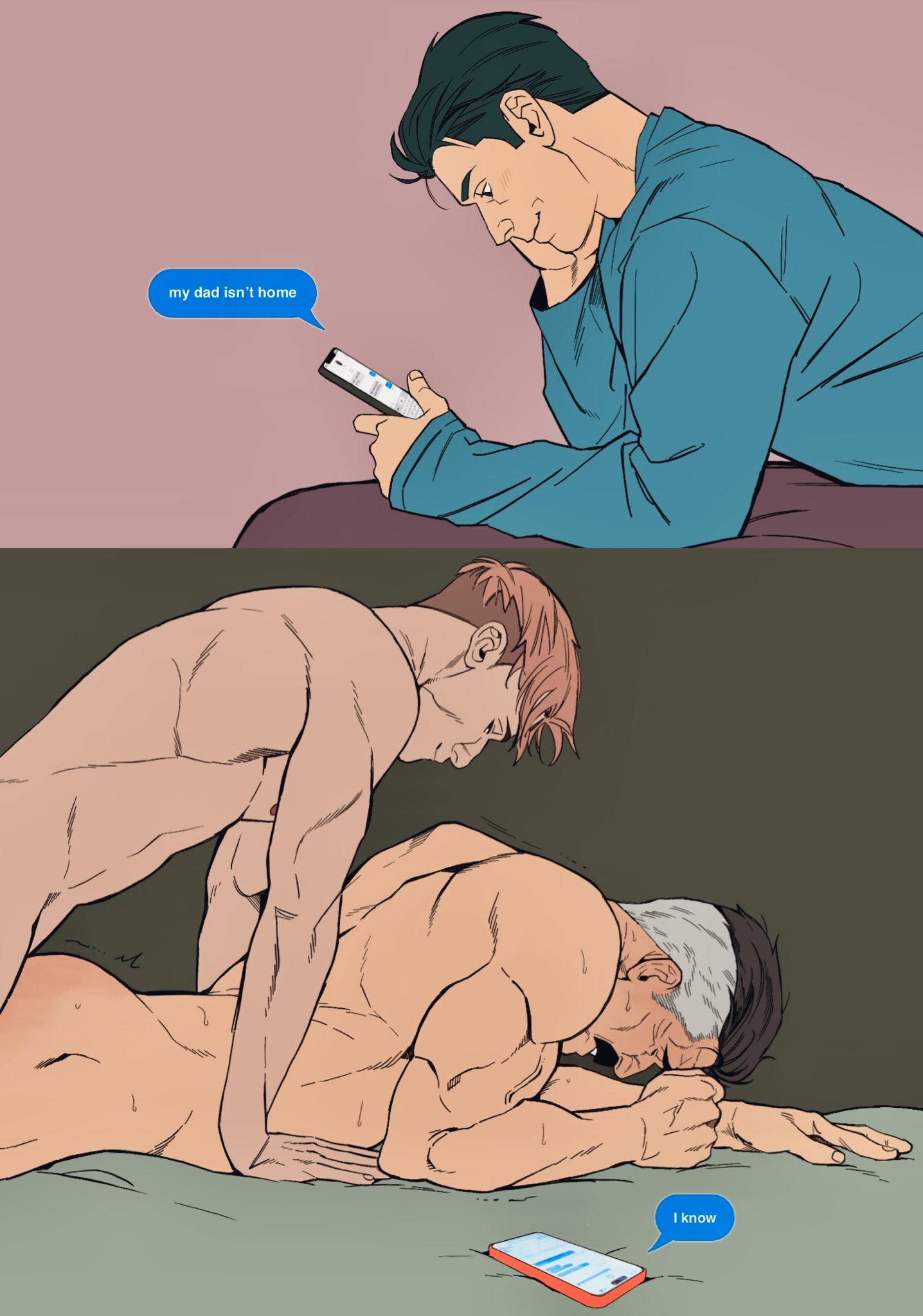 3boys anal bara bed black_hair blue_shirt bonjourdraws brown_hair closed_eyes closed_mouth completely_nude english_text facial_hair grey_hair highres holding holding_phone invincible_(series) large_pectorals looking_at_phone lying male_focus mark_grayson mature_male multicolored_hair multiple_boys muscular muscular_male mustache nipples nolan_grayson nude on_bed on_stomach pectorals phone sex sex_from_behind shirt short_hair smile two-tone_hair william_clockwell yaoi