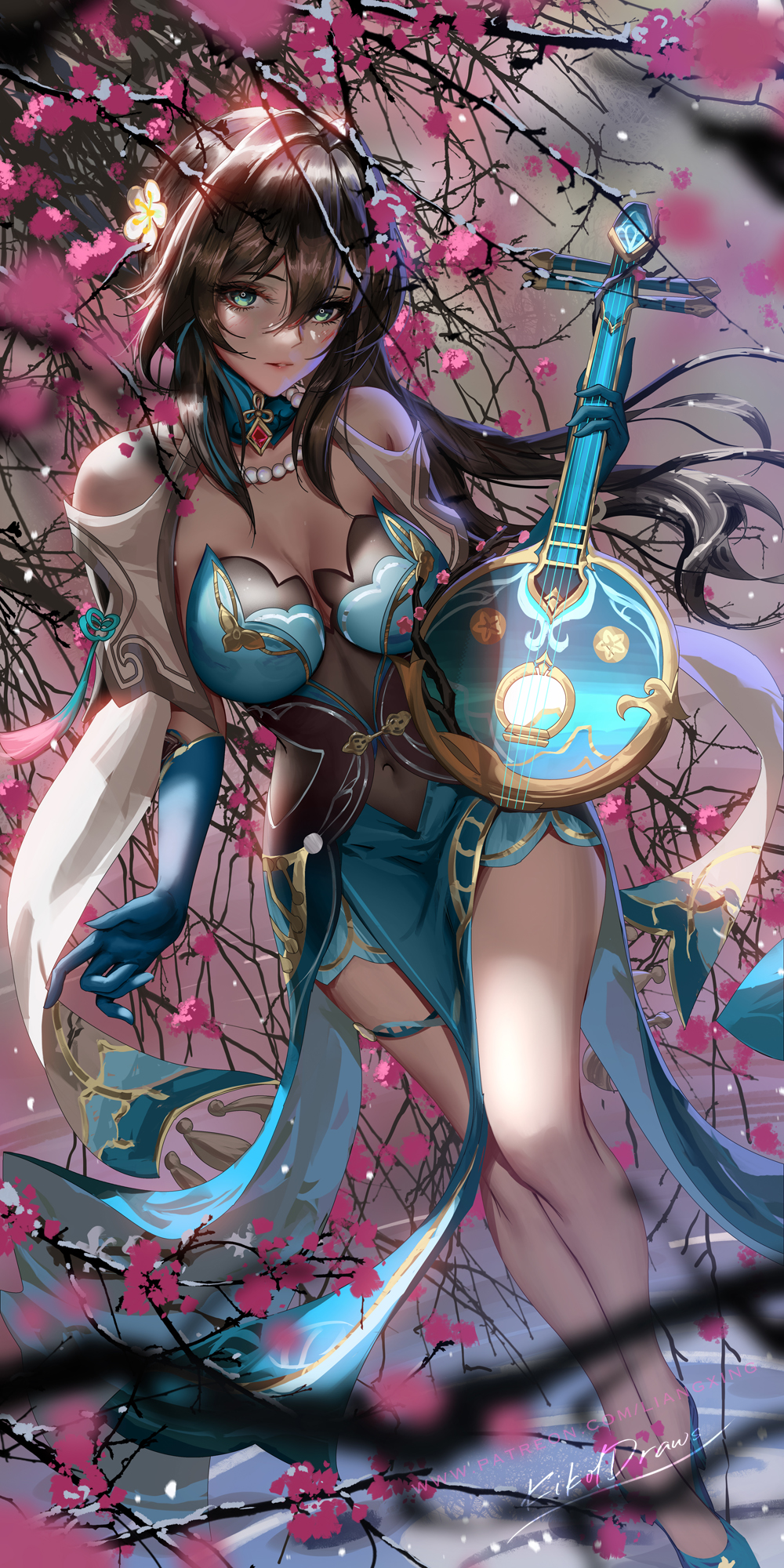 1girl blue_eyes branch breasts brown_hair china_dress chinese_clothes cleavage covered_navel dress gloves green_dress green_gloves high_heels highres holding holding_instrument honkai:_star_rail honkai_(series) instrument jewelry large_breasts liang_xing looking_at_viewer necklace pearl_necklace pelvic_curtain ruan ruan_mei_(honkai:_star_rail) signature solo thighs